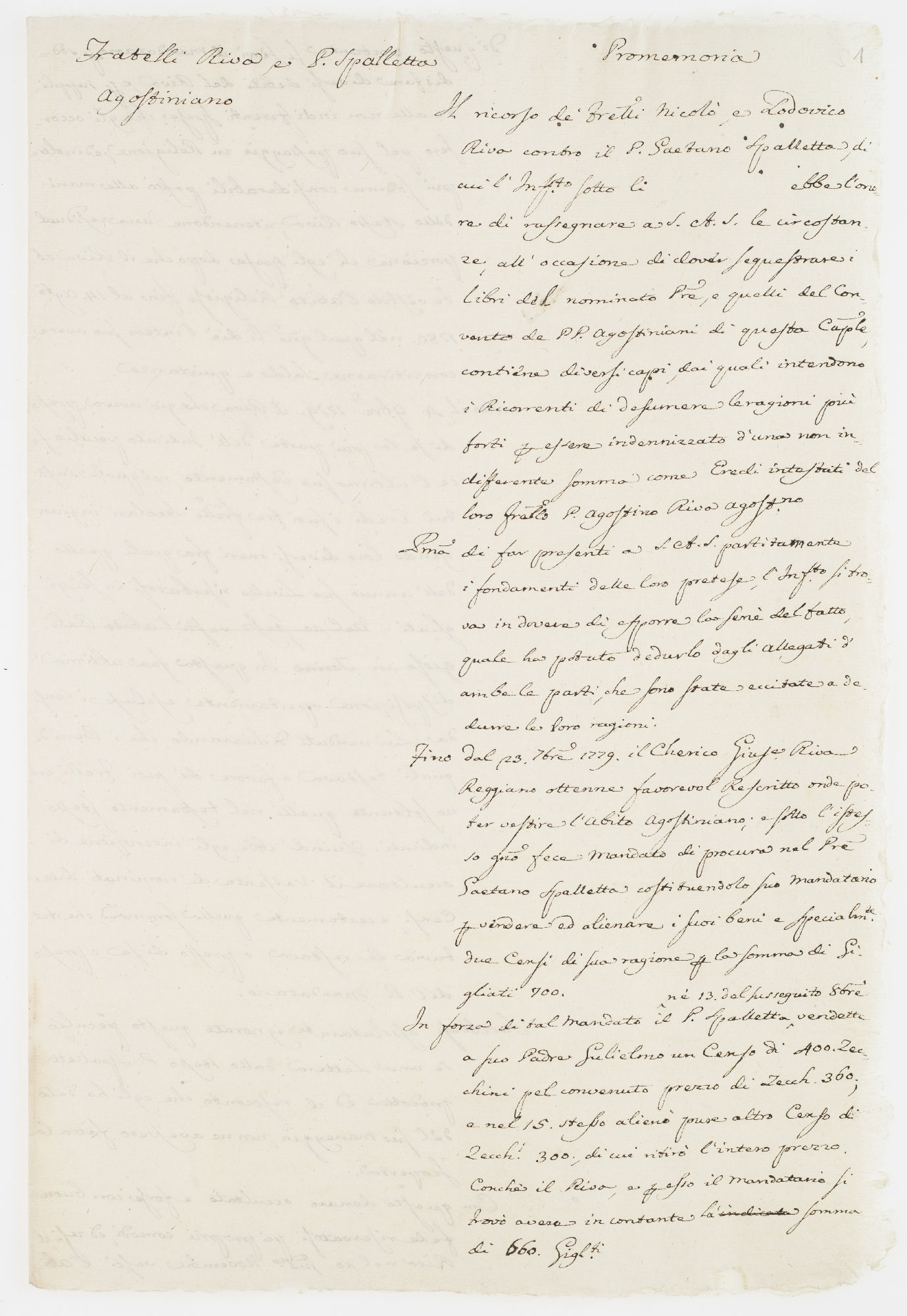 Fratelli Riva e P. Spalletta Agostiniano. Promemoria. Il ricorso [incipit]