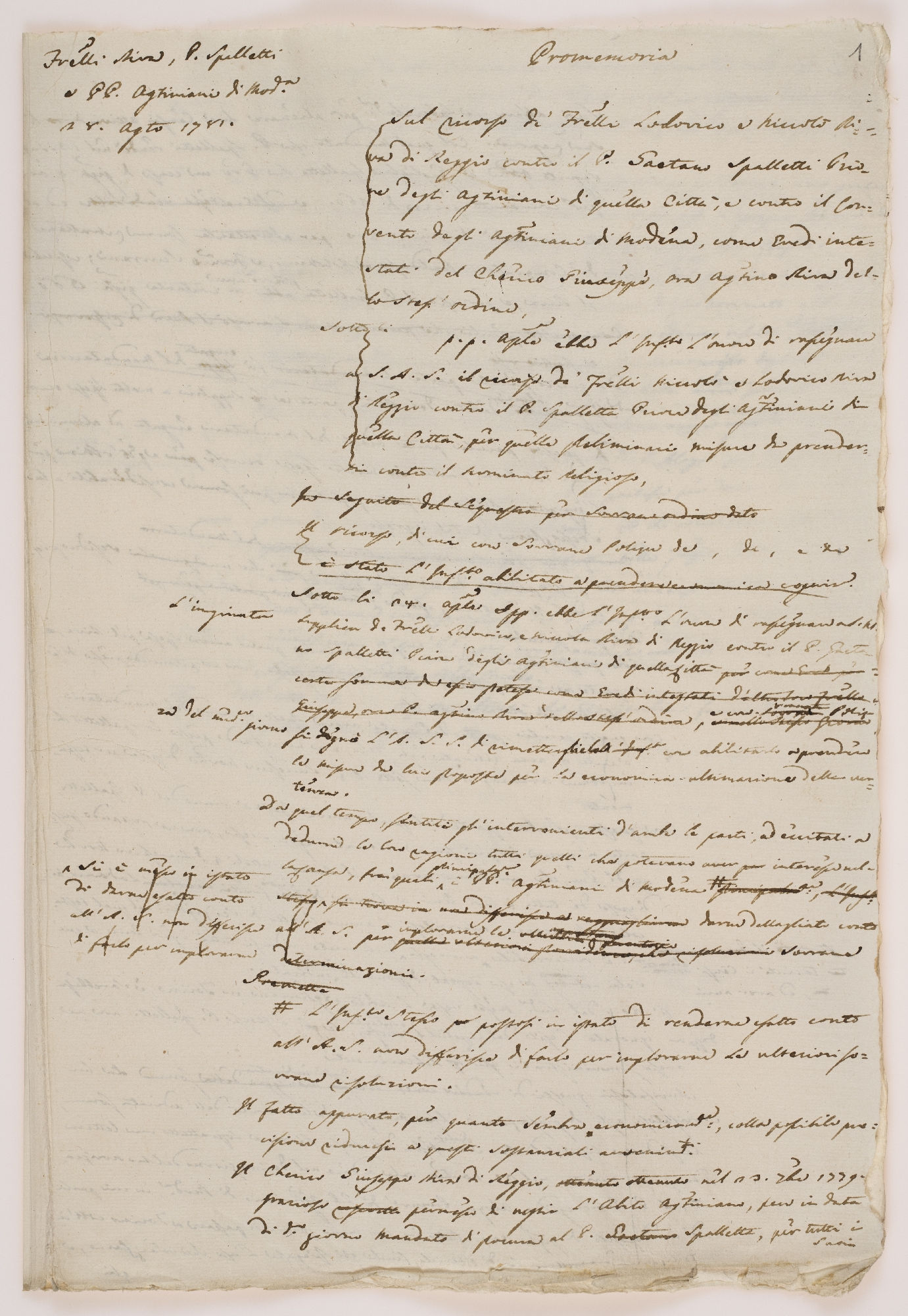 Fr[at]elli Riva, P. Spalletti e PP. Ag[os]tiniani di Mod[en]a 28. Ag[os]to 1781. Promemoria. Sul ricorso [incipit]