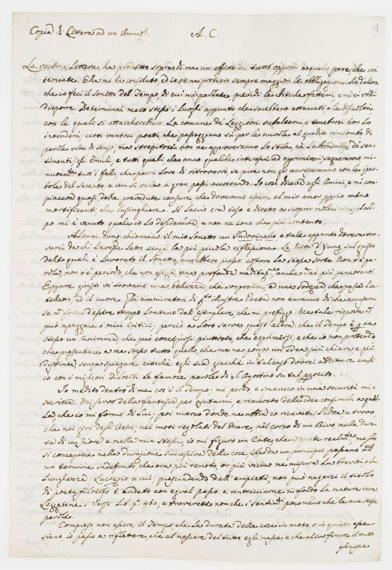 Copia di lettera ad un amico. A.C. La vostra lettera ha prodotto sopra di me un effetto [incipit]