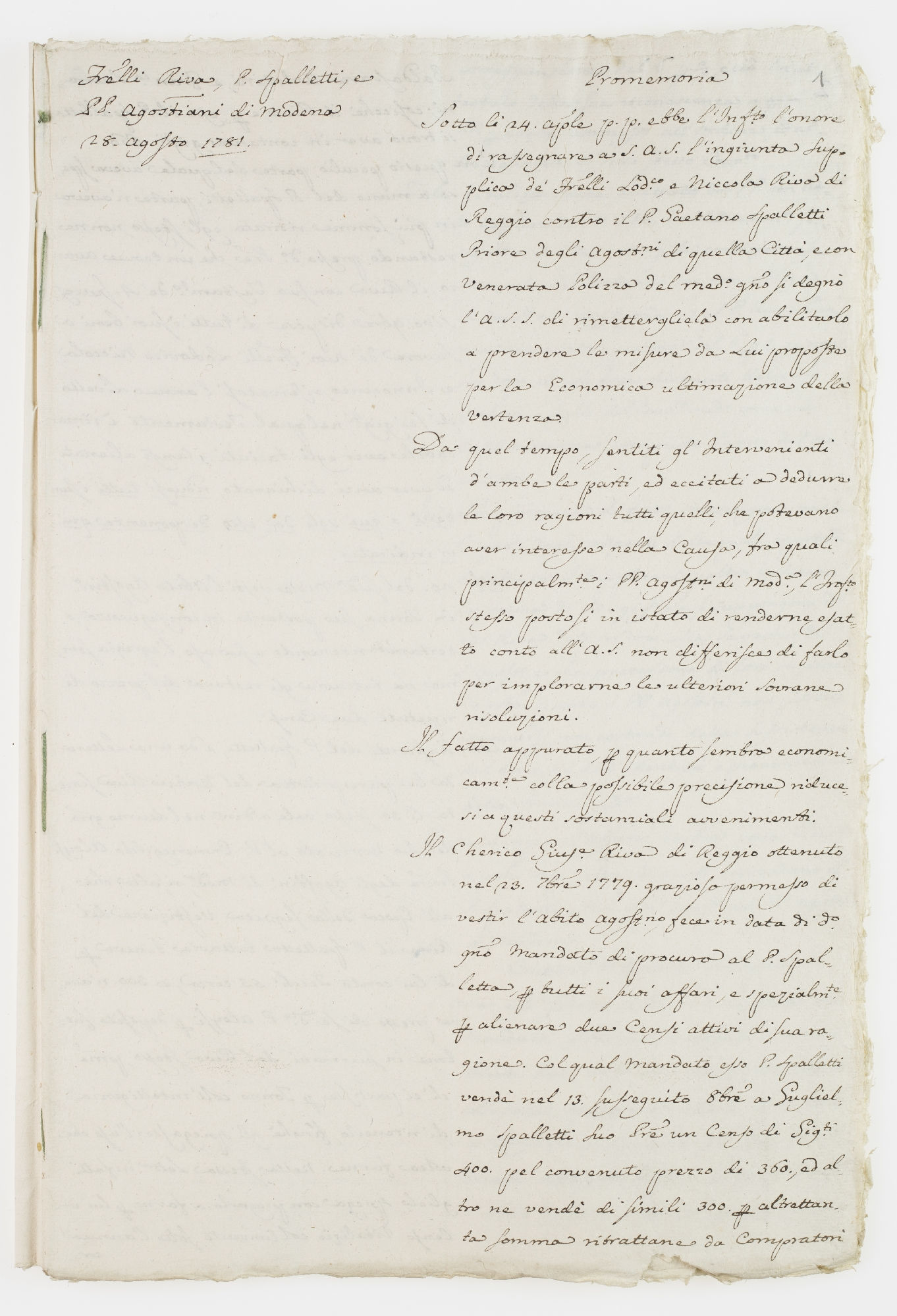 Fra[te]lli Riva, P. Spalletti, e P.P. Agostiani [!] di Modena. 28 agosto 1781. Promemoria. Sotto li 24 aprile [incipit]