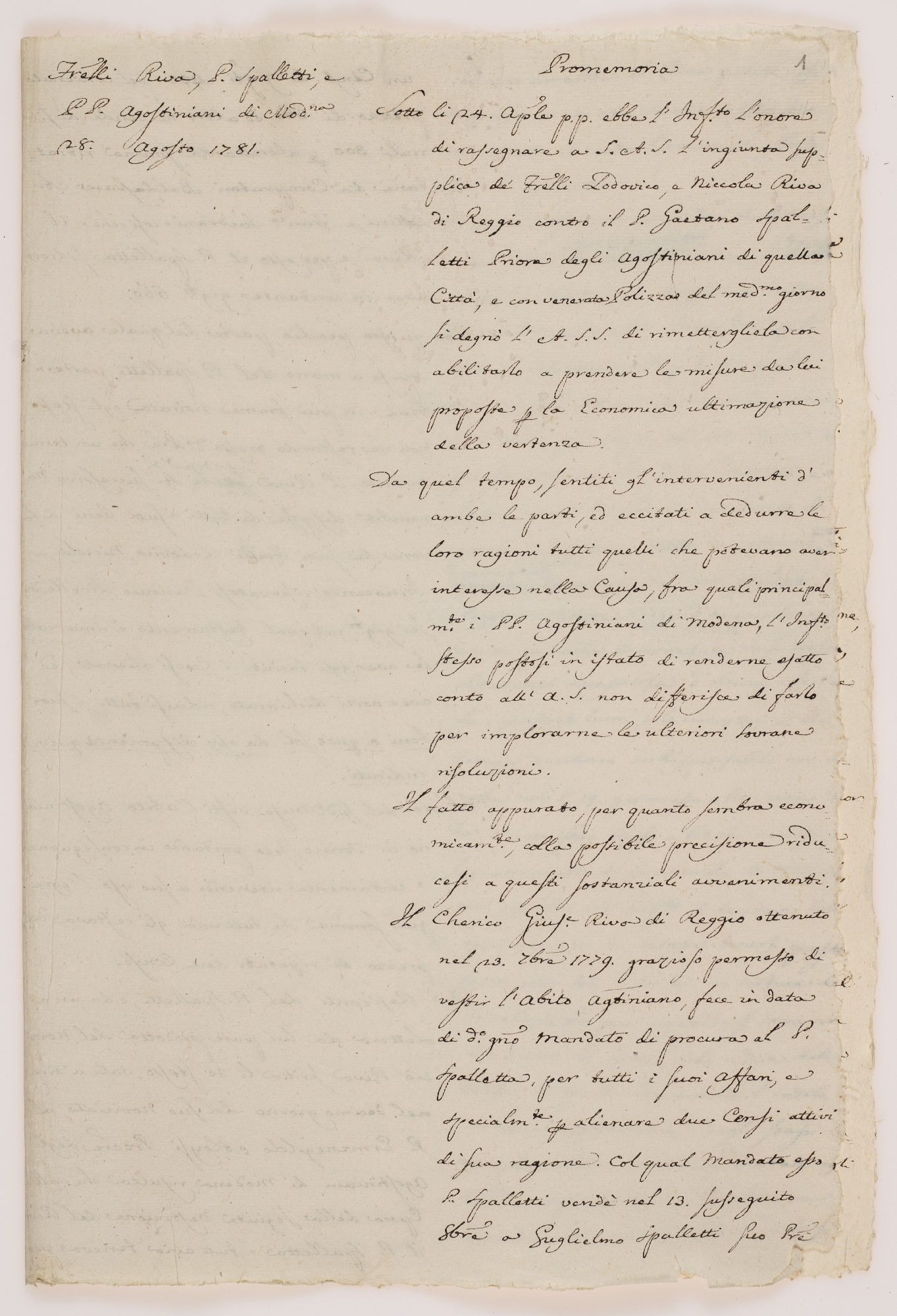 Fra[te]lli Riva, P. Spalletti, e P.P. Agostiniani di Mod[e]na. 28 agosto 1781. Promemoria. Sotto li 24 aprile [incipit]