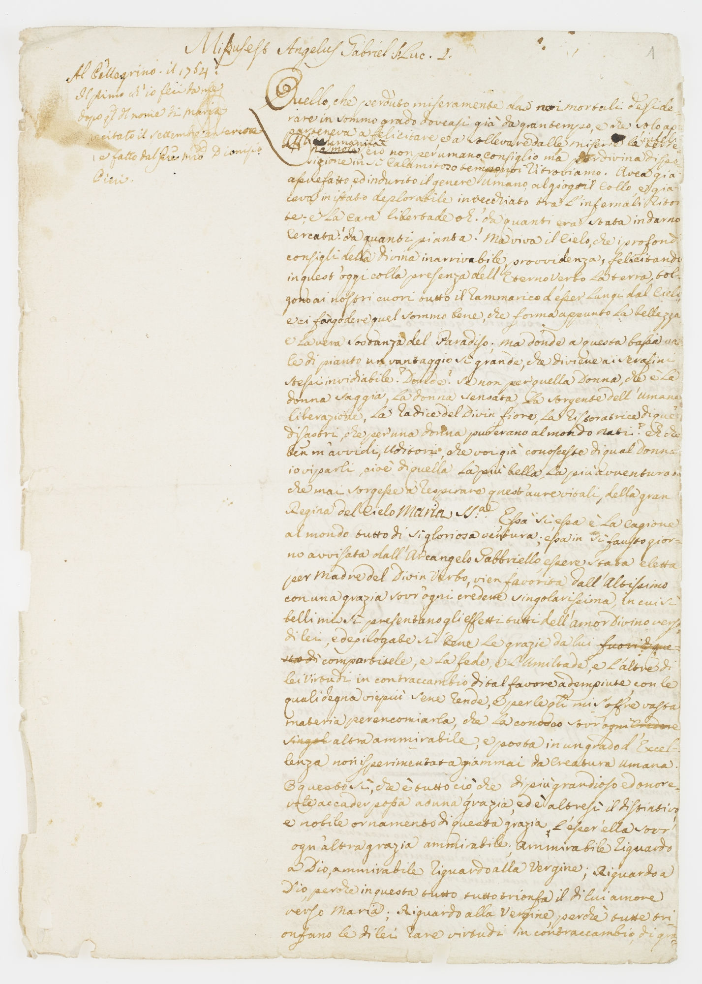 Missus est Angelus Gabriel S. Luc. 1. Al pellegrino il 1764 [incipit]