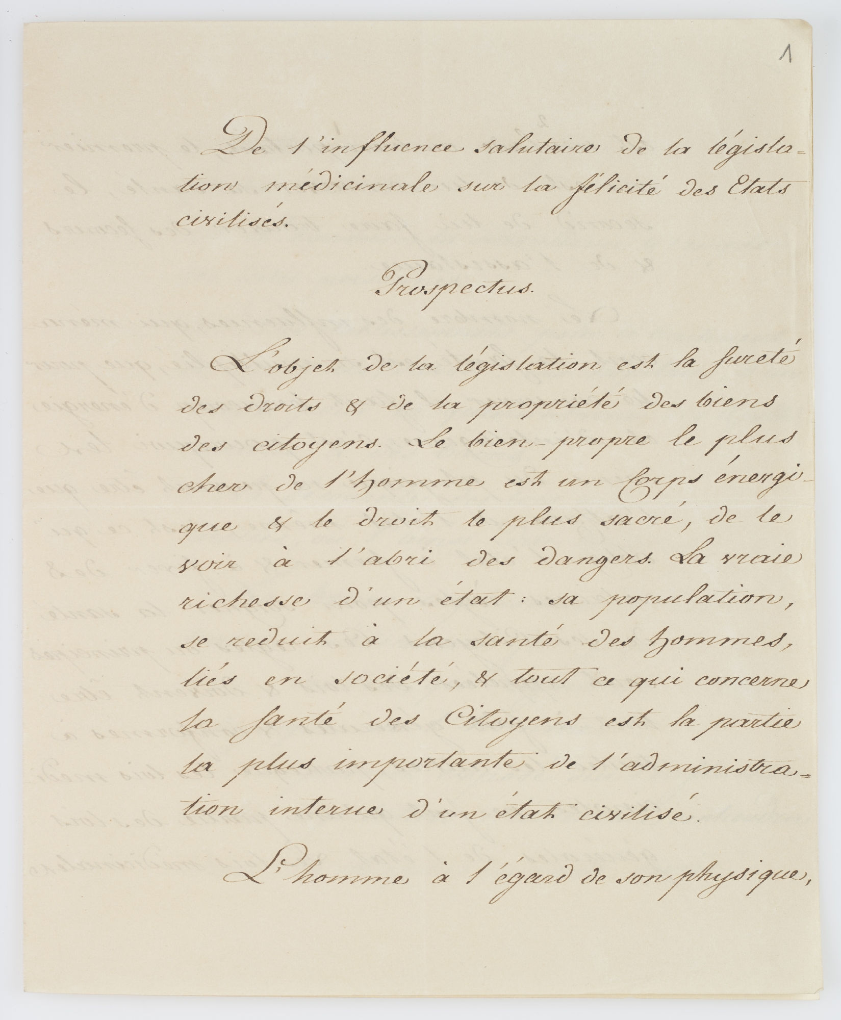 De l’influence salutaire de la législation médicinale sur le félicité des Etats civilisés. Prospectus [title]