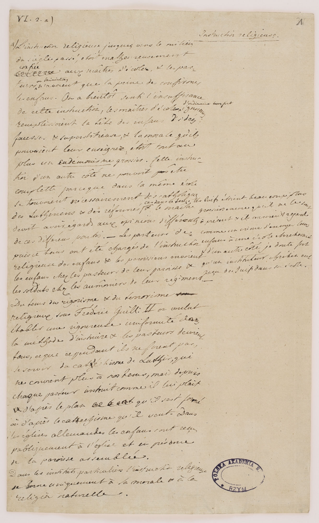 VI. 2. a) Instruction religieuse [incipit]