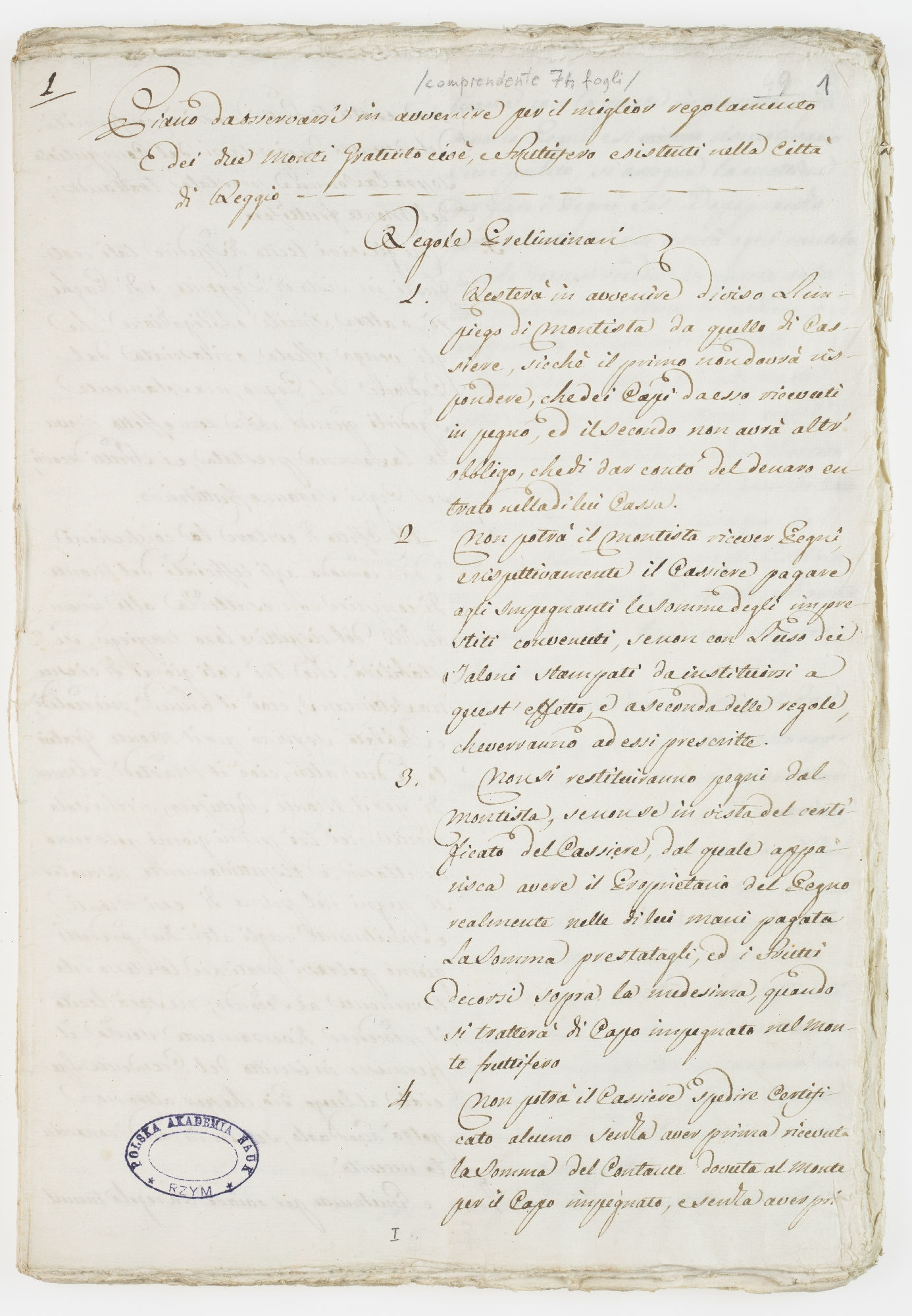 Piano da osservarsi in avvenire per il miglior regolamento dei tre Monti [incipit]