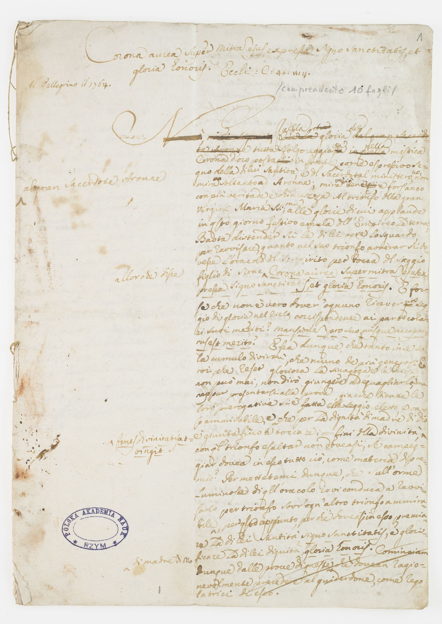 Corona aurea super mitra ejus expressa signo sanctitatis et gloria honoris [incipit]