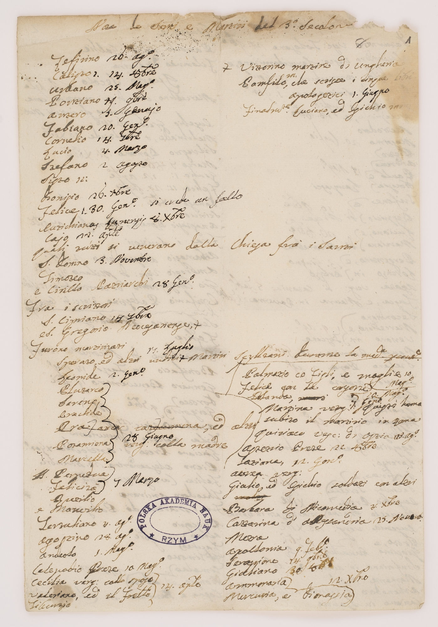 Note de' Santi e Martiri del 3. secolo [titile]