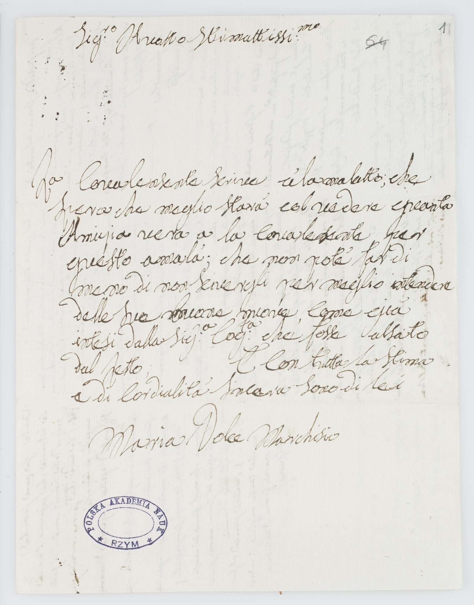 Sig.re [illeggible word] Stimatissi.mo [incipit]