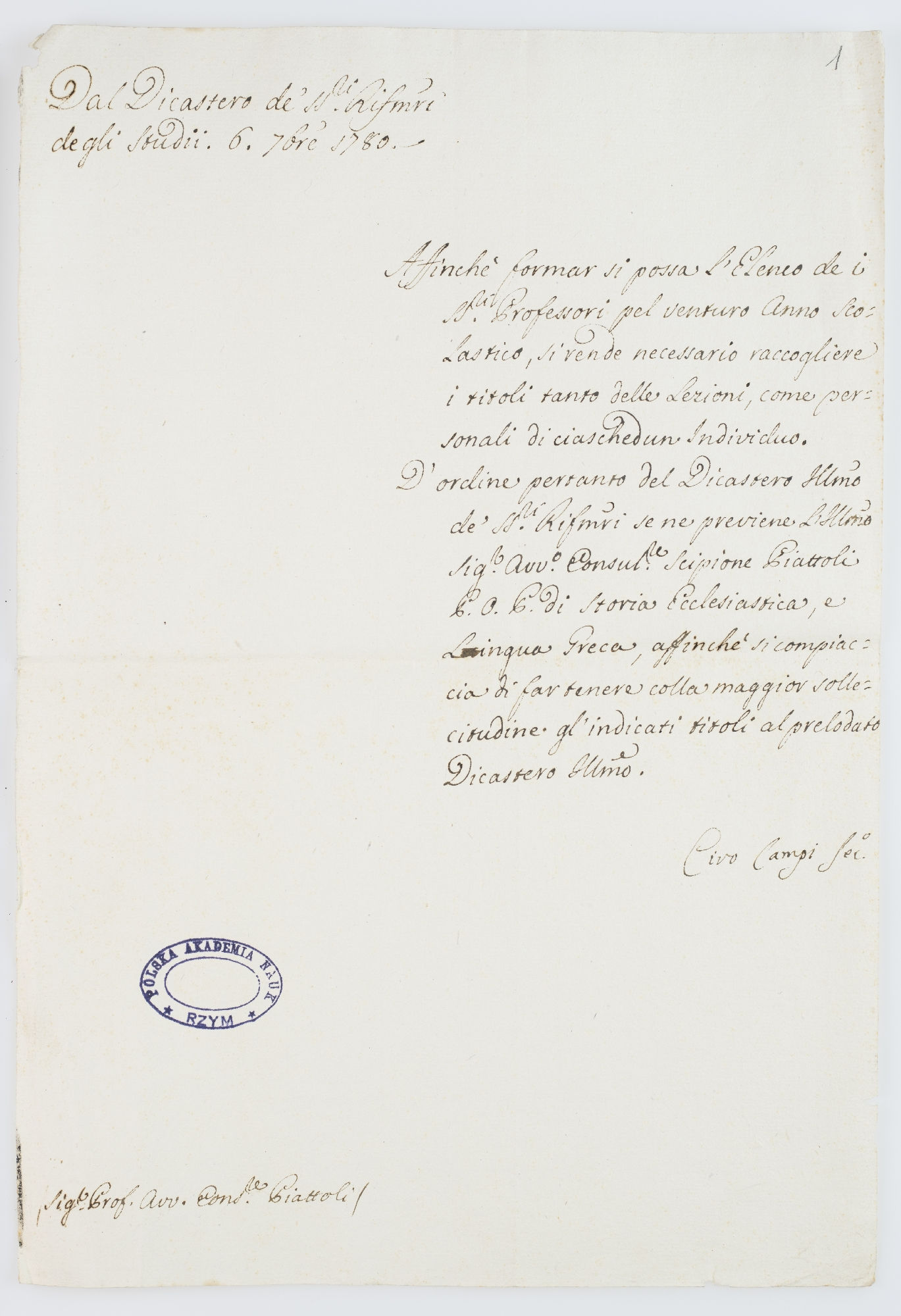 Dal Dicastero [incipit]