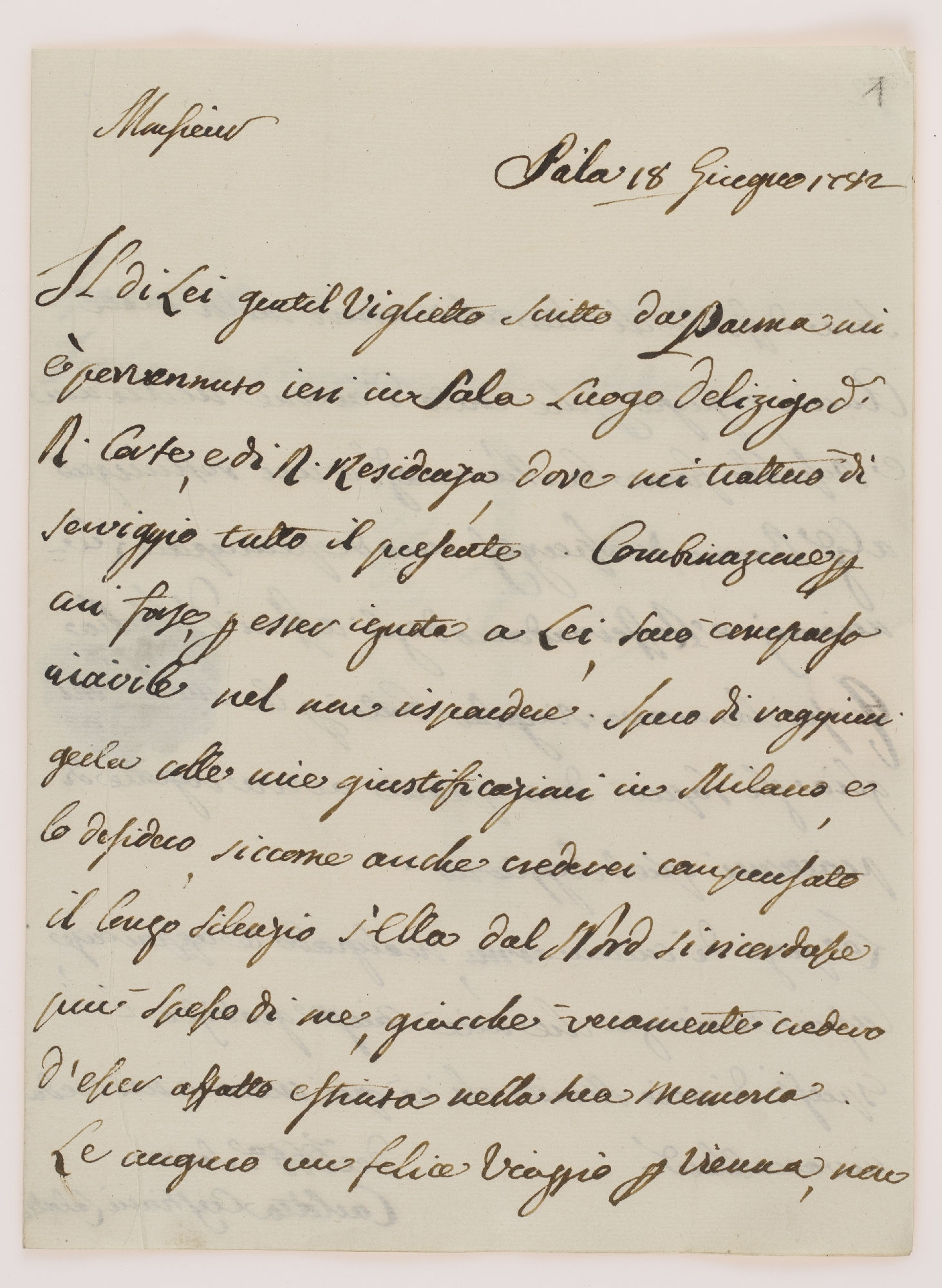 Monsieur. Sala 18 Giugno 1782. Il di Lei gentil biglietto scritto [incipit]