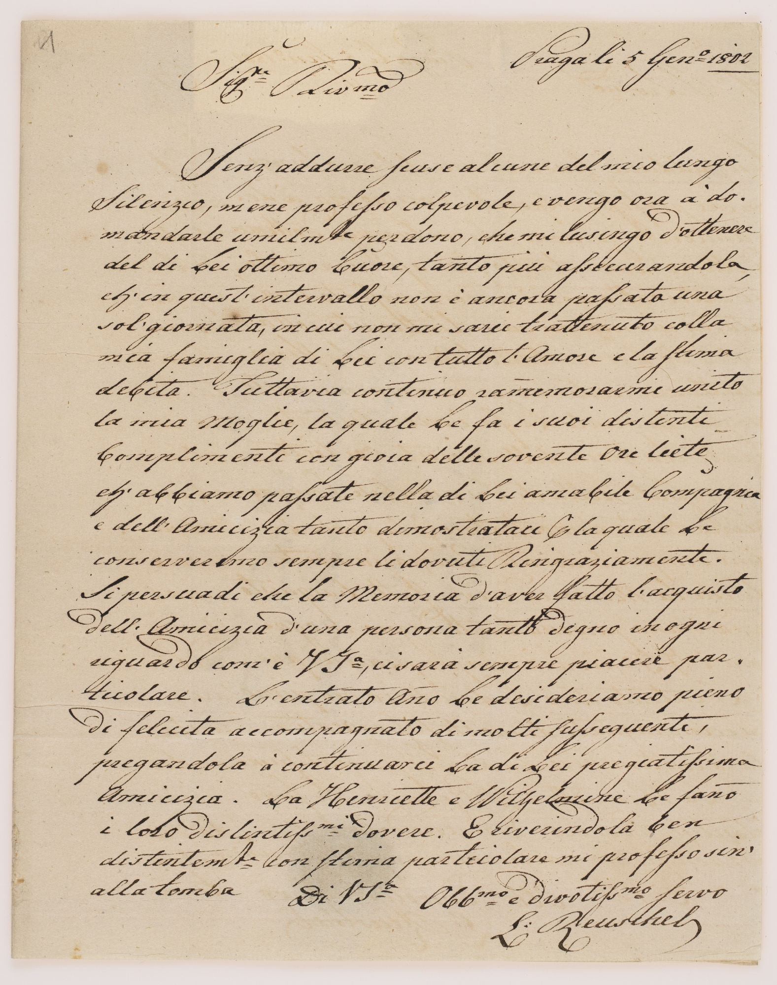 Praga, li 5 Gen.o 1802. Sign.re Riv.mo. Senz’addurre scuse alcune del mio lungo silenzio [incipit]