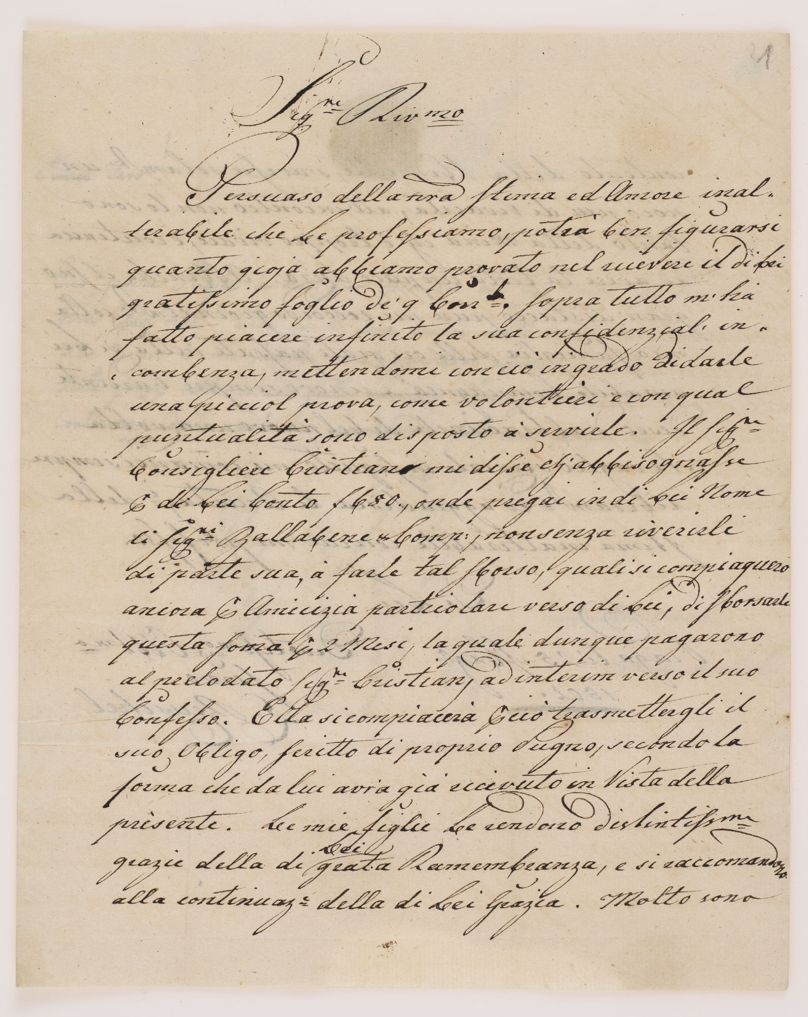 Sig.re Riv.mo.  Persuaso della sua storia [incipit]