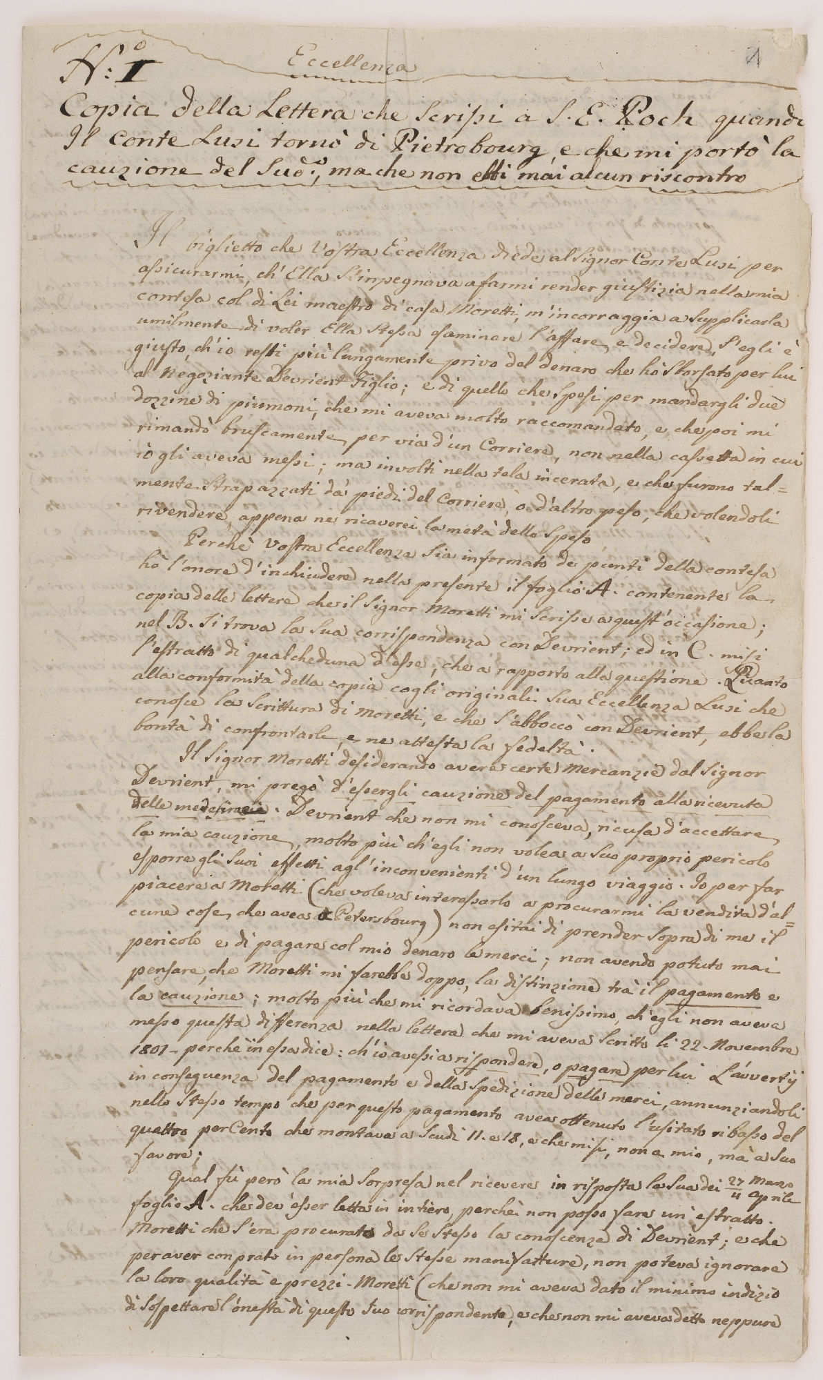 Eccellenza. No. I. Copia della lettera che scrissi a S.E. Poch [incipit]
