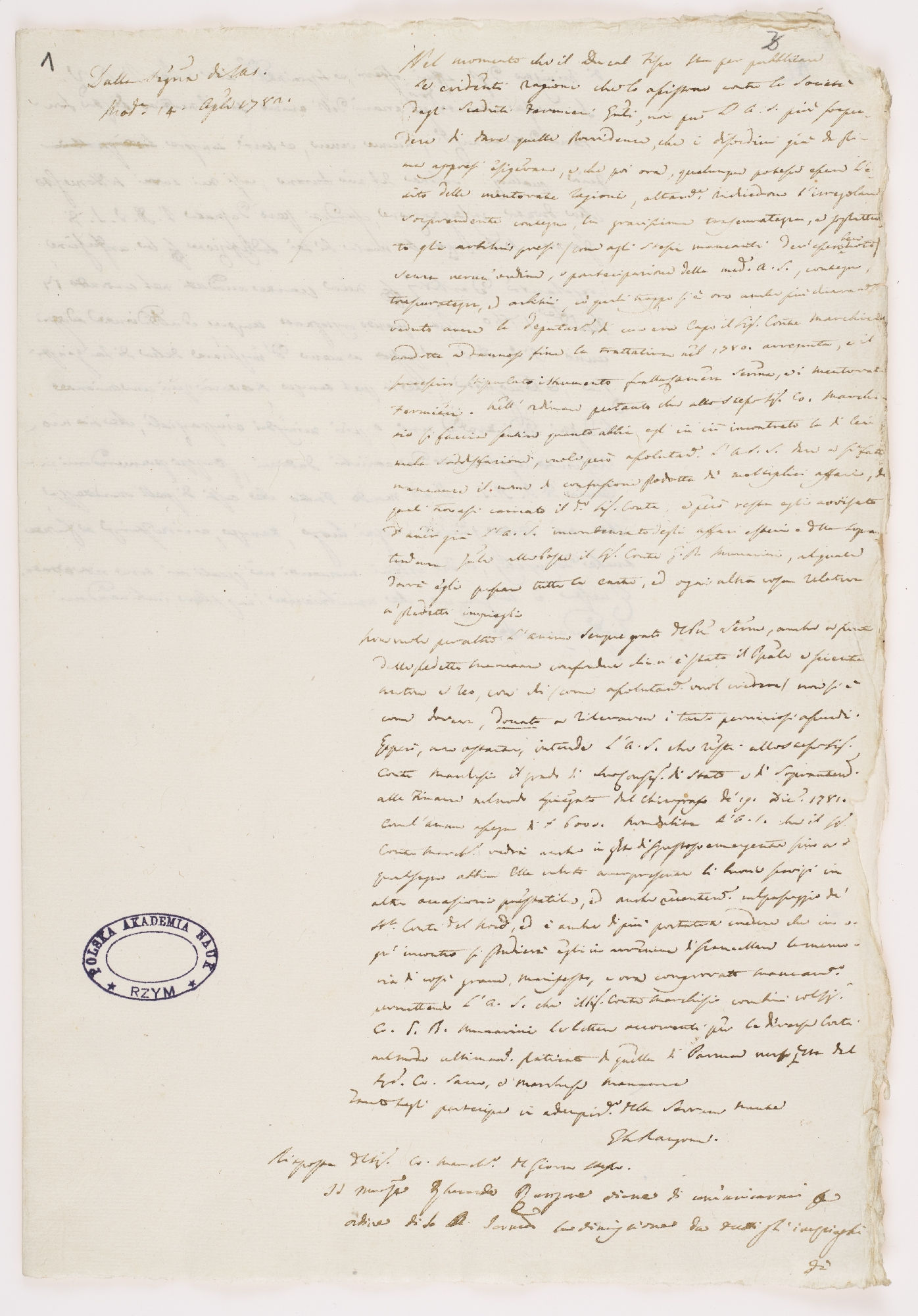 Dalla [...] Mod.[ena] 14 ap[ri]le 1781. Nel momento che il Duca [incipit]