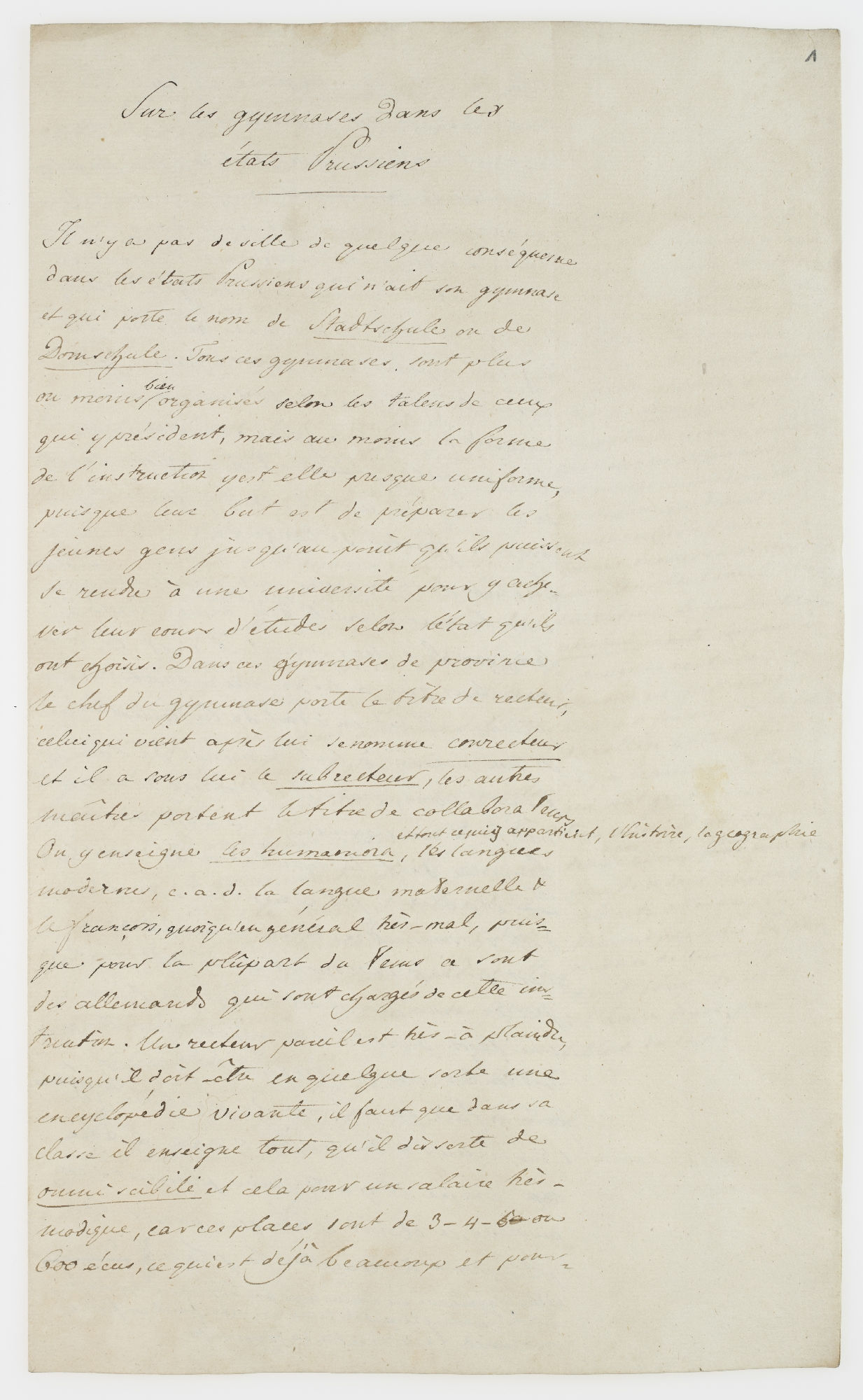 Sur les gymnases dans les états Prussiens [title]