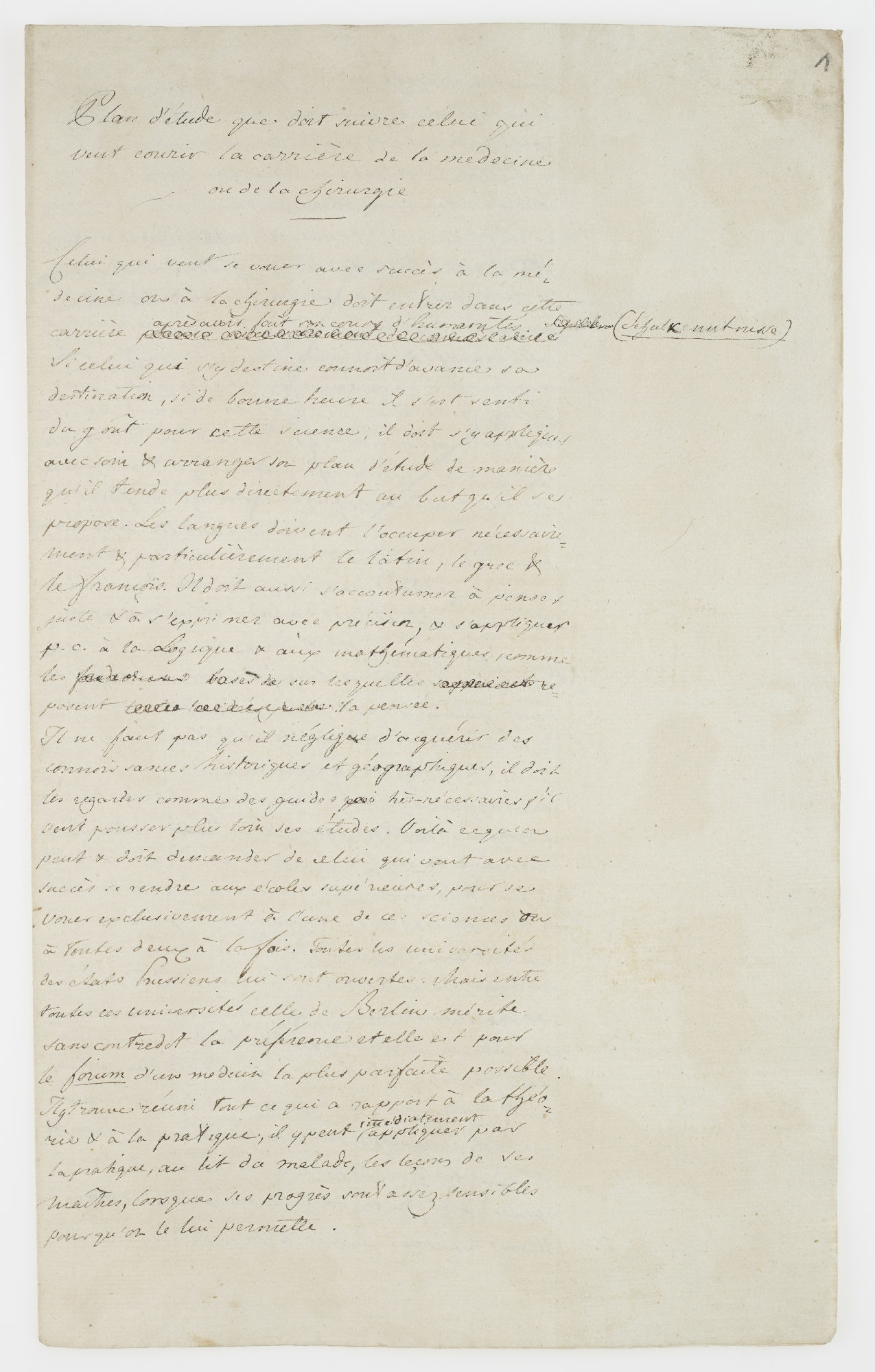 Plan d'étude que doit suivre celui qui veut courir la carrière de la medecine ou de la chirurgie [title]