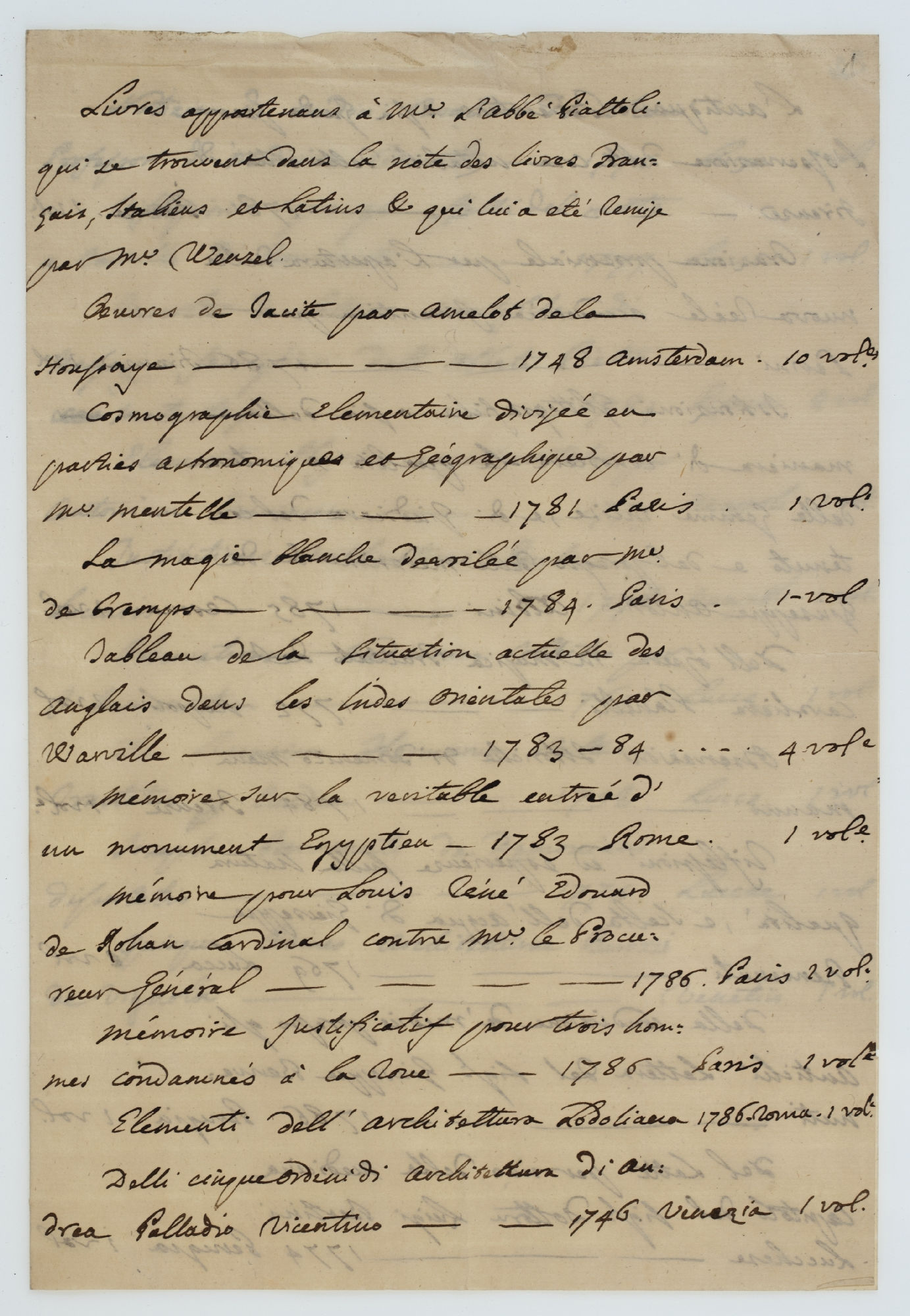 Livres appartenants à M. L’Abbé Piattoli [incipit] 