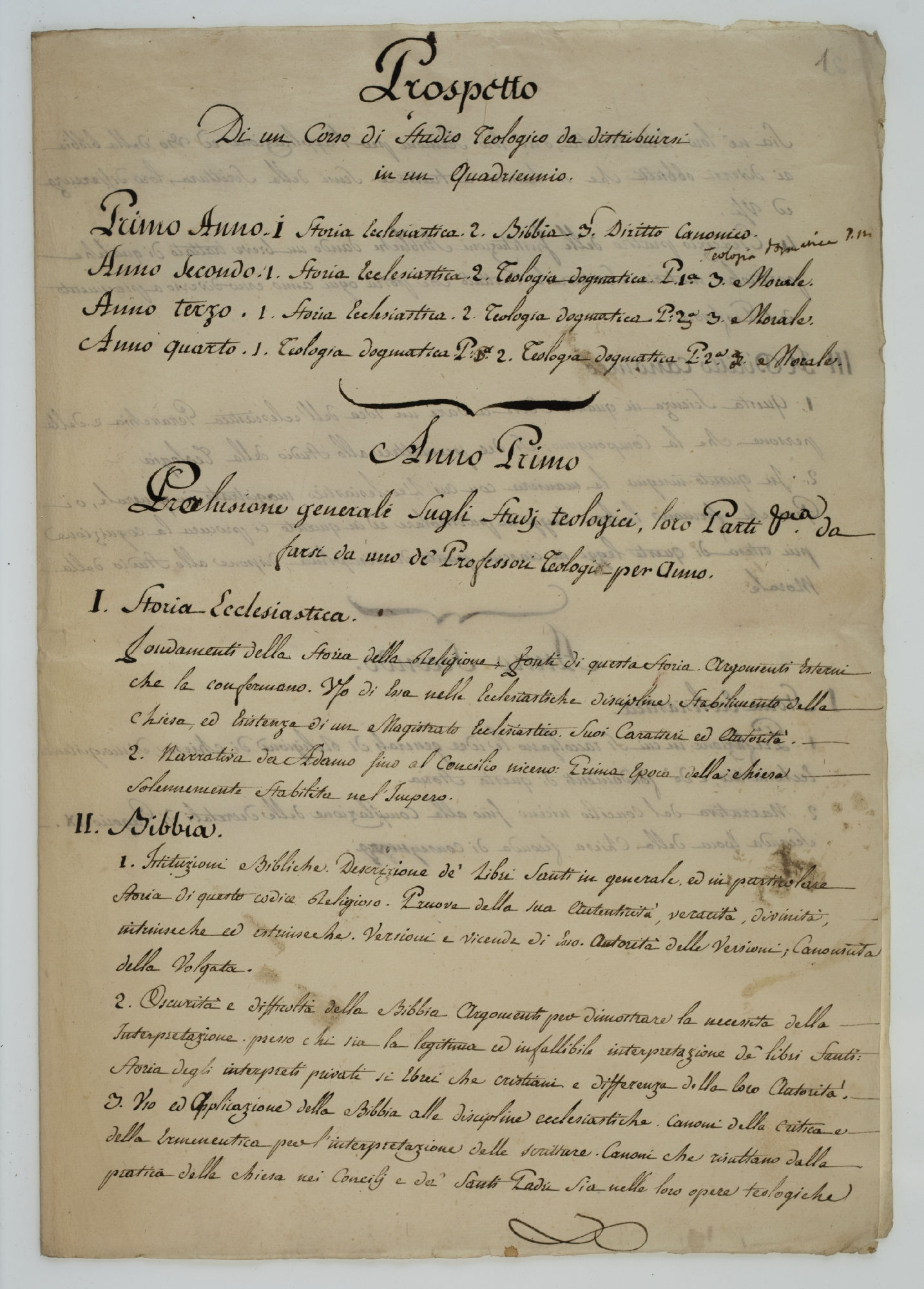Prospetto Di un Corso di Studio Teologico da distribuirsi in un Quadriennio [title]  