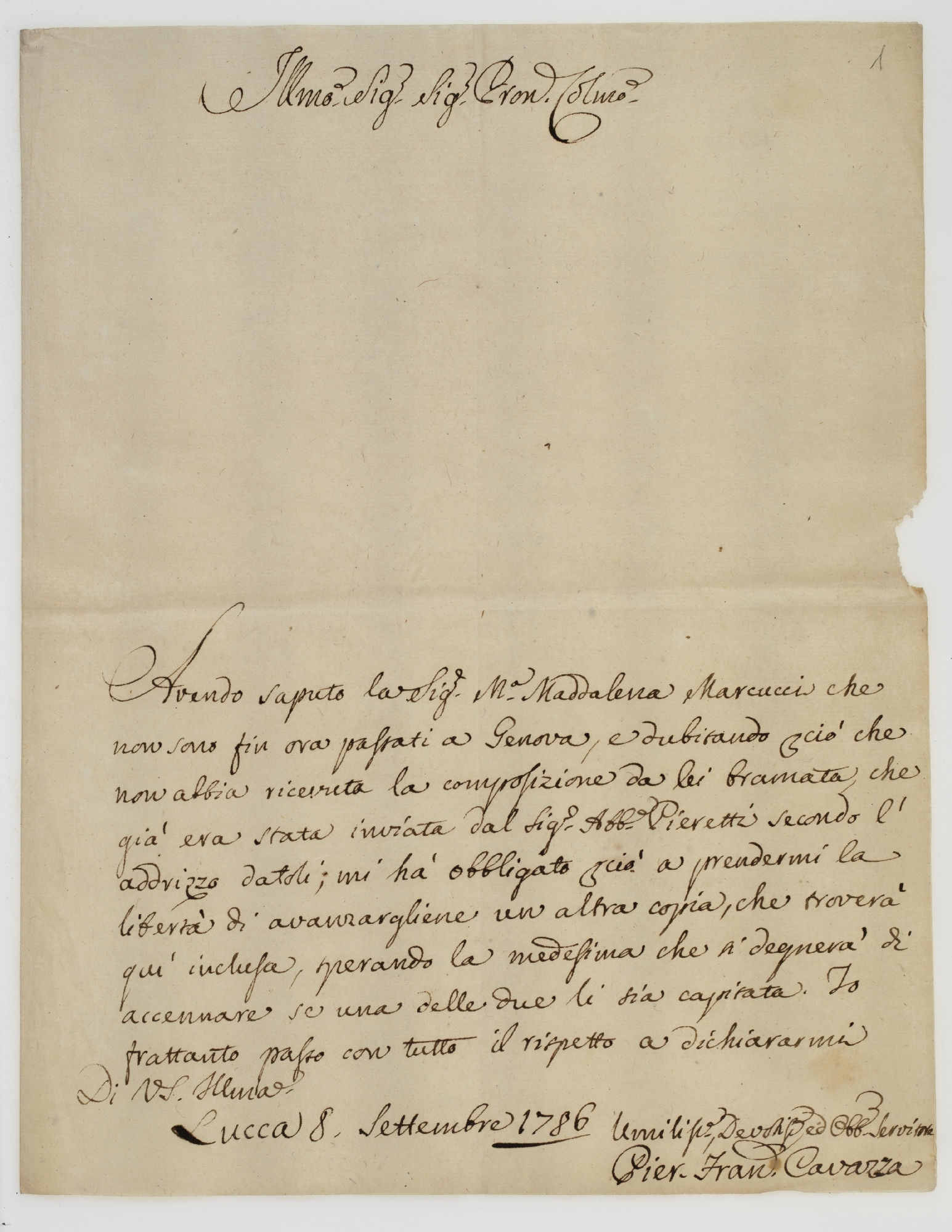 Avendo saputo la Sig. M. Maddalena Marcucci [incipit]