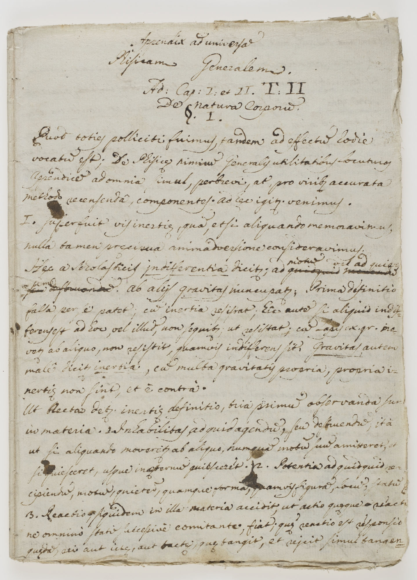 Appendix ad universa[m] Phisicam Generalem. Ad: Cap: I: et II. T: II De Natura Corporum [title]