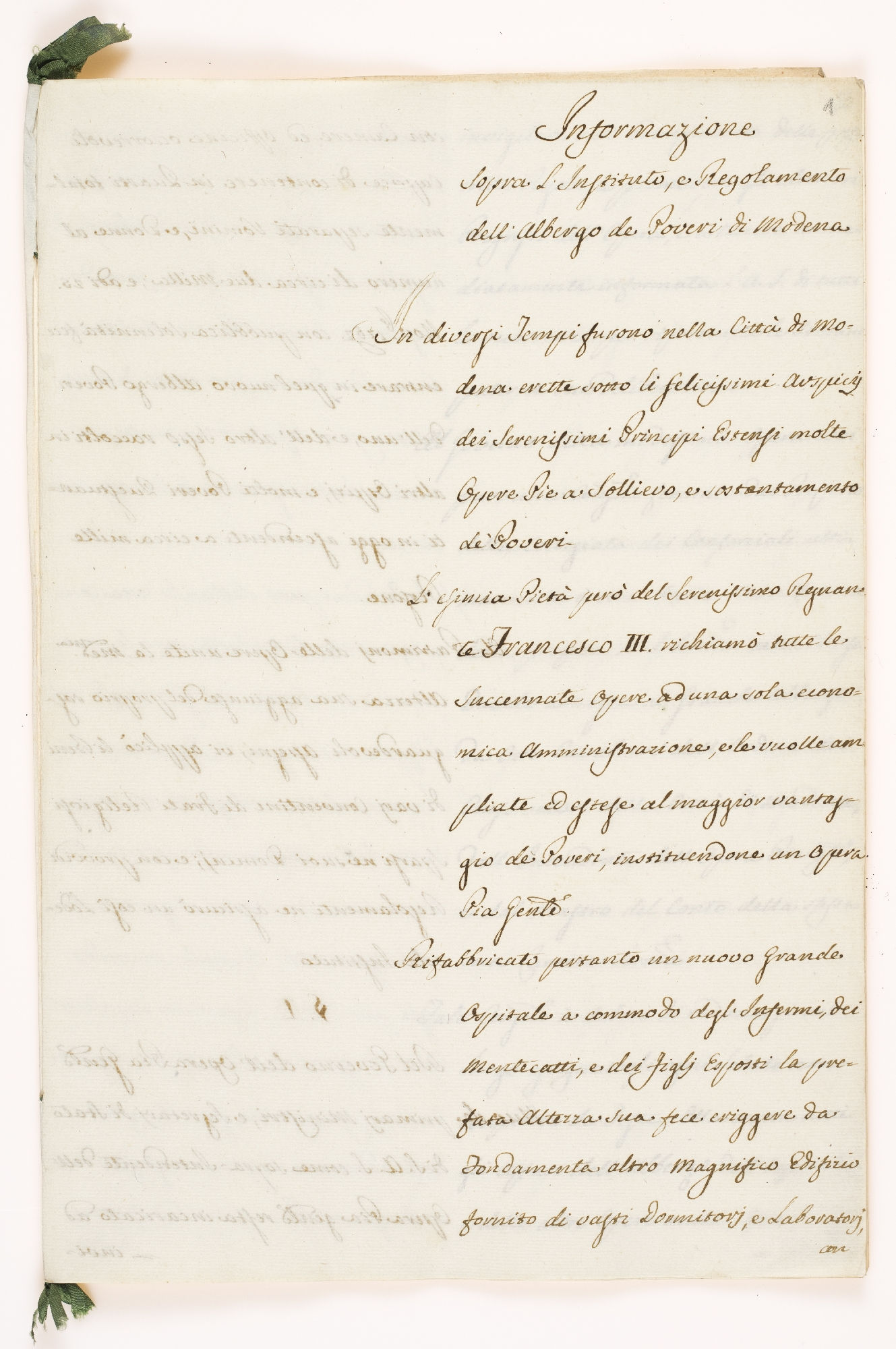 Informazione sopra l’Instituto [!], e Regolamento dell’Albergo de’ Poveri di Modena [title]