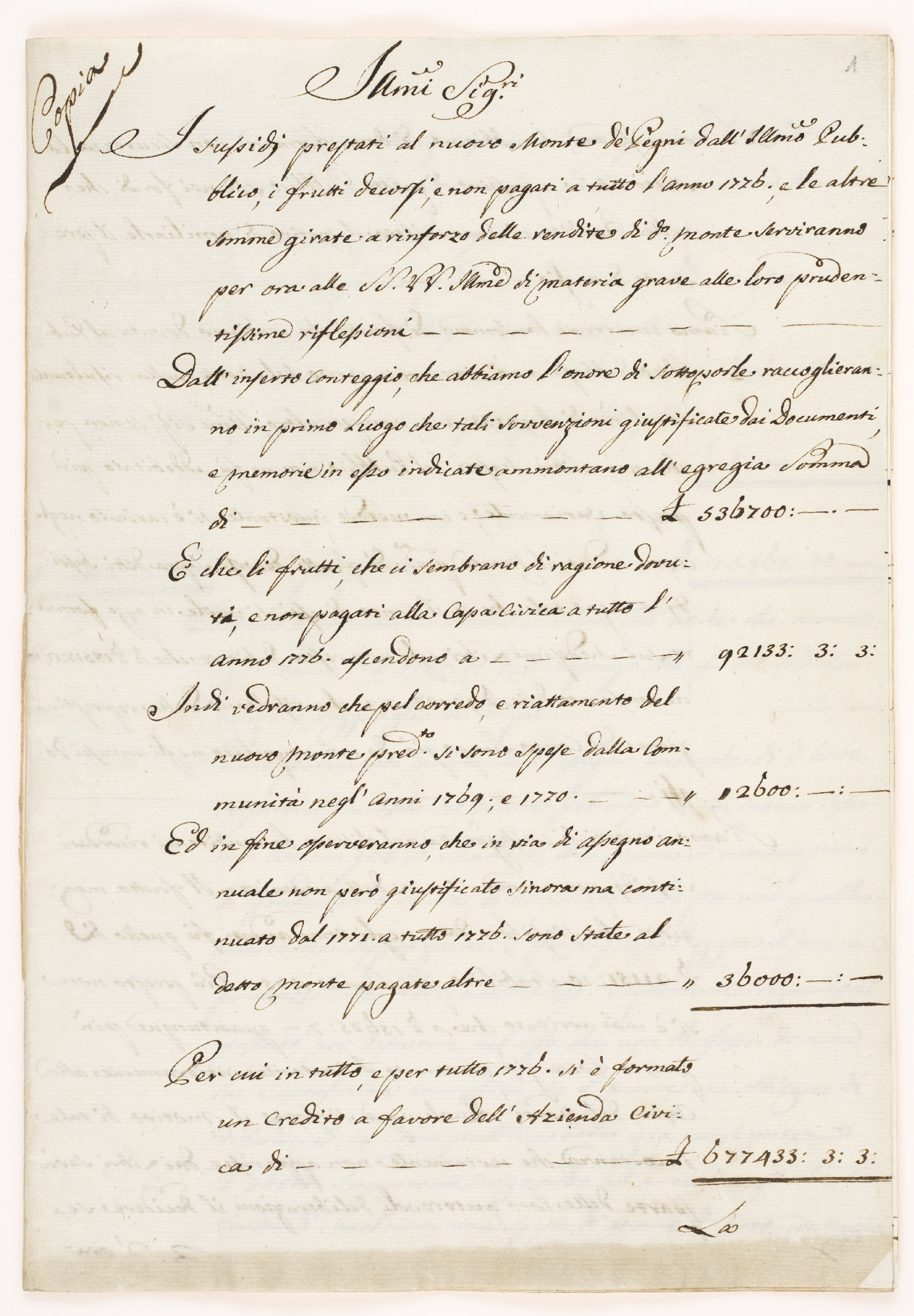 Copia|Ill(ustrissi)mi Sig(no)ri|I sussidi prestati al nuovo Monte de’ Pegni [incipit] 