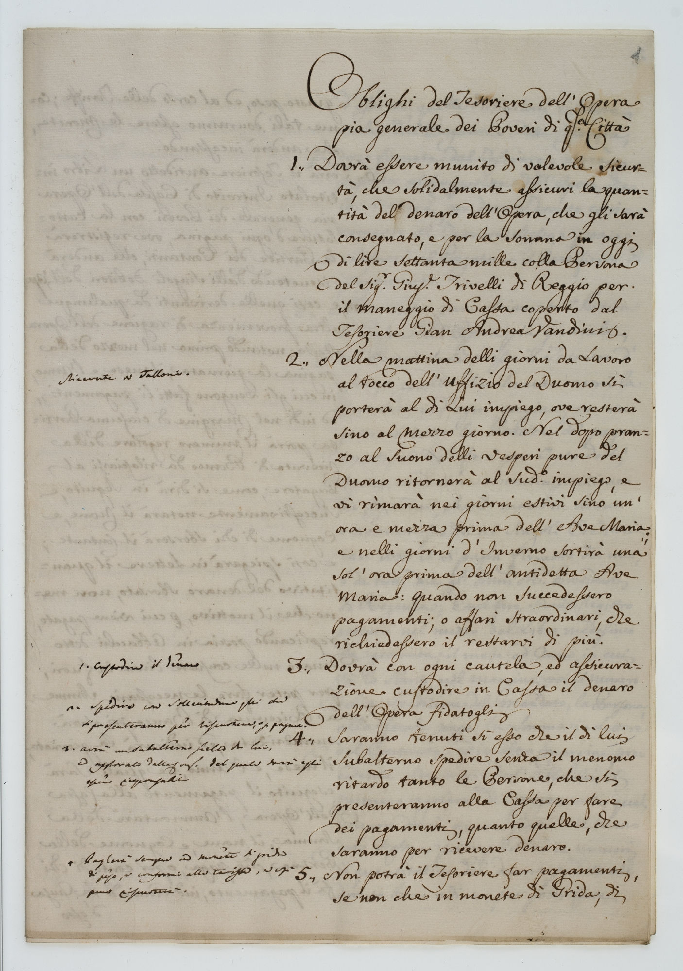 Oblighi del Tesoriere dell’Opera pia generale dei Poveri di q(uest)a Città [title]