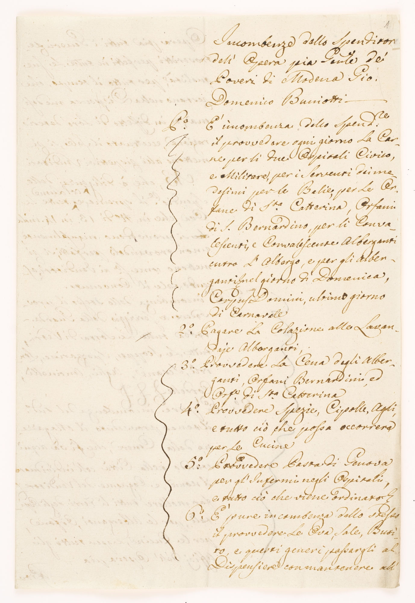 Incombenze dello Spenditore dell’Opera pia Gen(era)le de’ Poveri di Modena Gio(vanni) Domenico Buniotti [title]