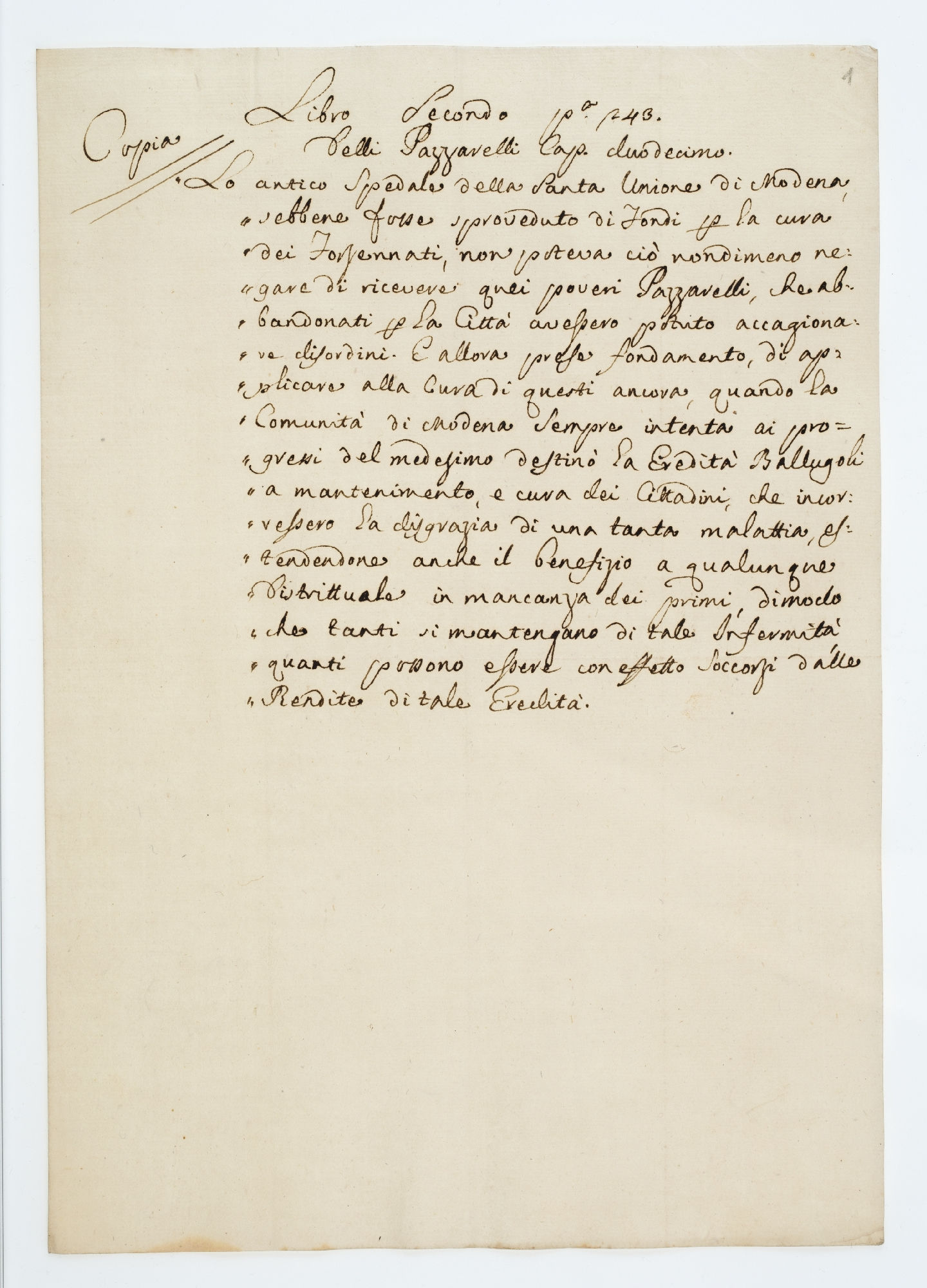 Copia/Libro Secondo p(agin)a 243/Delli Pazzarelli Cap. duodecimo [title]