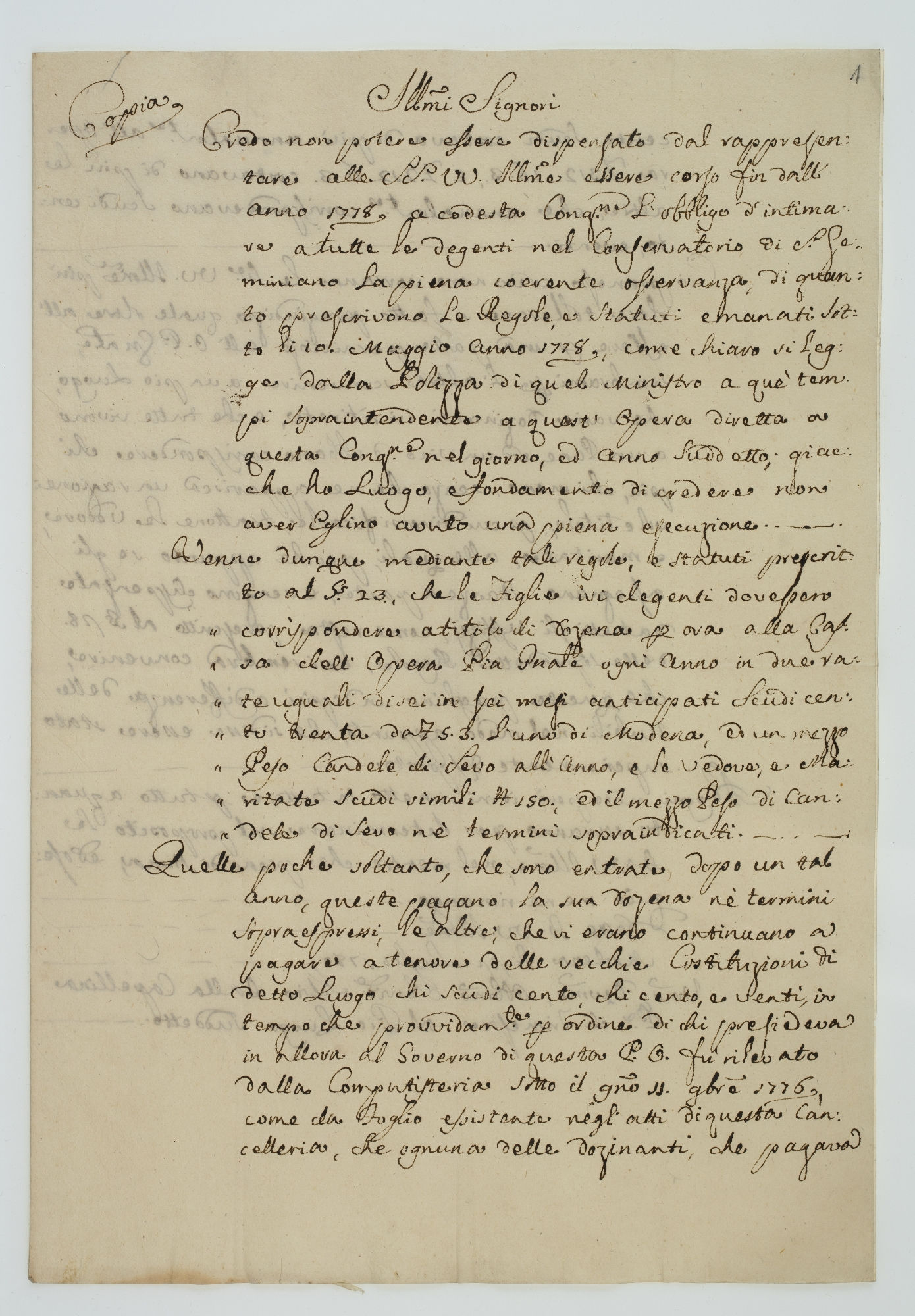 Copia/Ill(ustrissi)mi Signori/Credo non potere essere dispensato dal rappresentare [incipit]