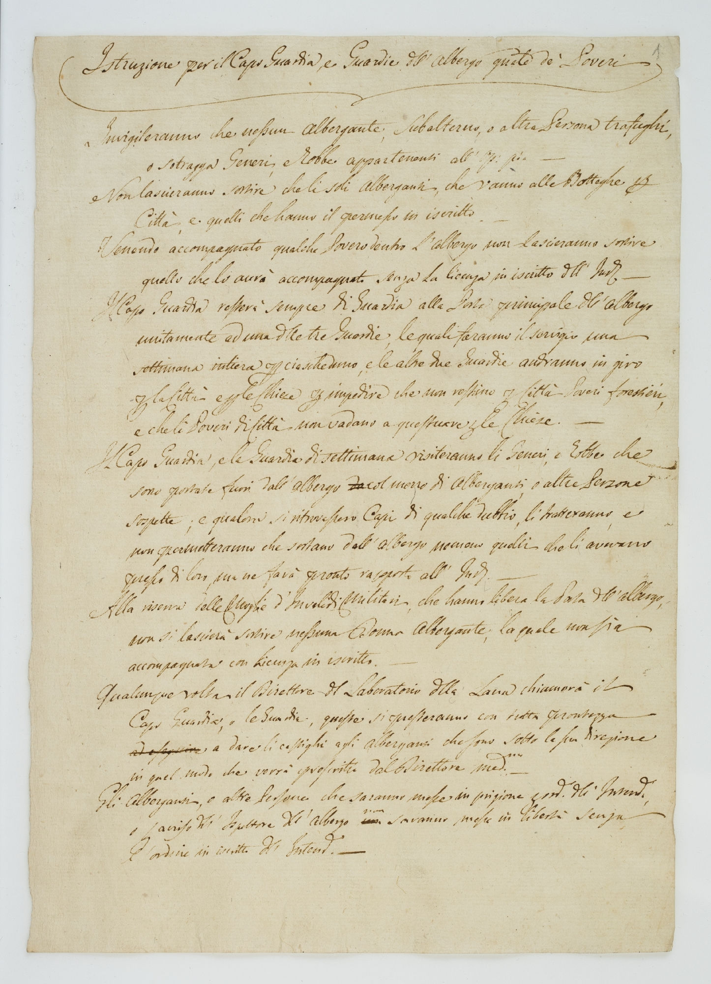 Istruzione per il Capo Guardia, e Guardie dell’Albergo g[e]n[er]ale de’ Poveri [title]