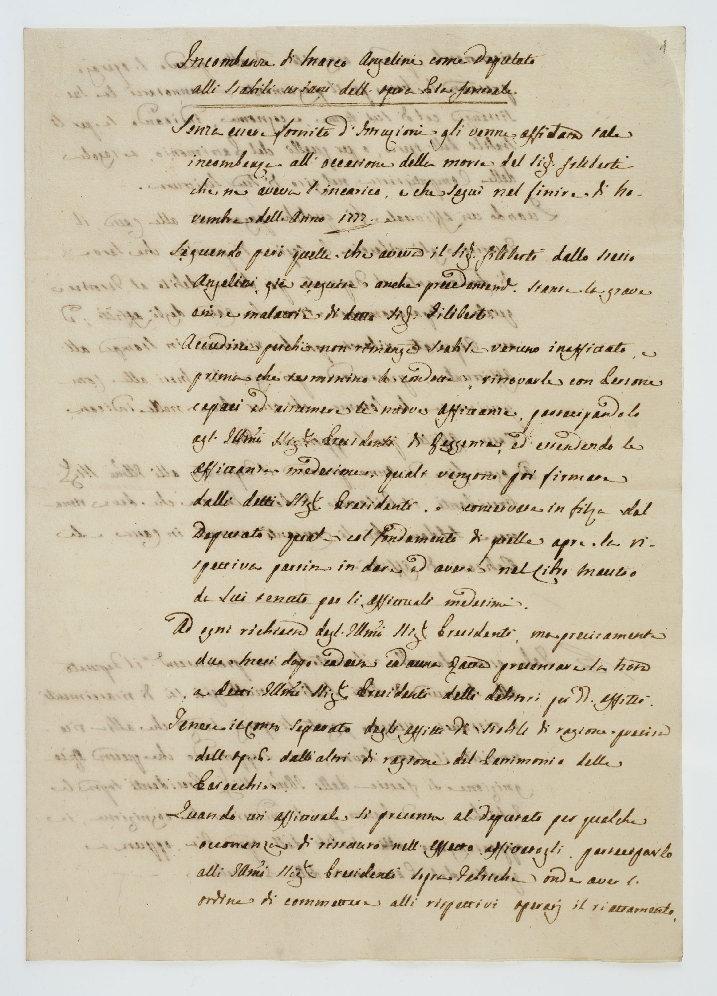 Incombenze di Marco Angelini come deputato alli Stabili urbani dell’opera Pia generale [title]