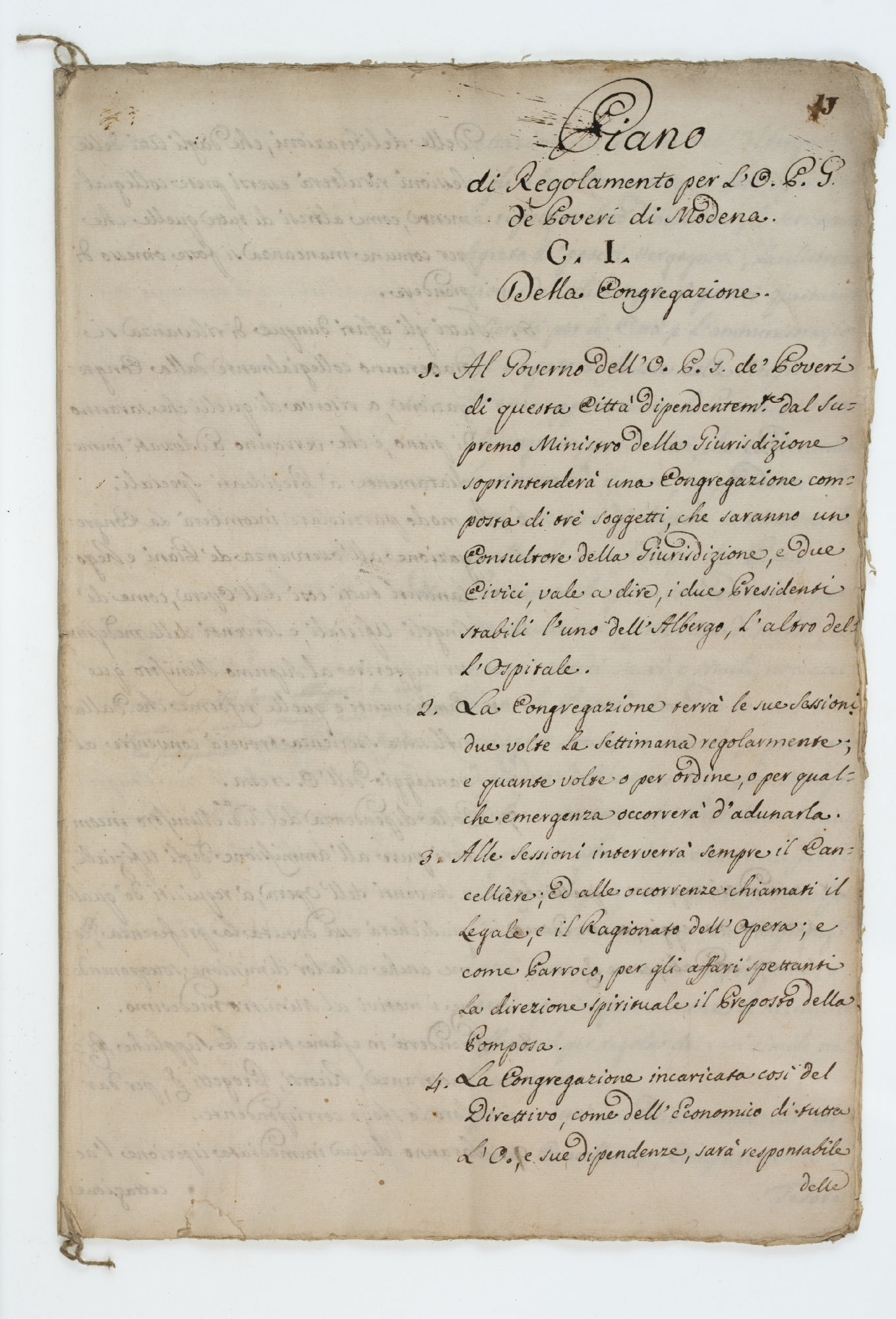 Piano di Regolamento per L'O. P. G. de Poveri di Modena. C. I. Della Congregazione. [title]