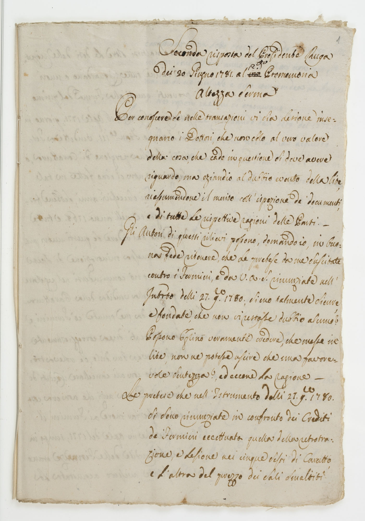 Seconda risposta del Presidente Ruga dei 20 Giugno 1781. al 2.do Promemoria Altezza Ser[enissi]ma [title]