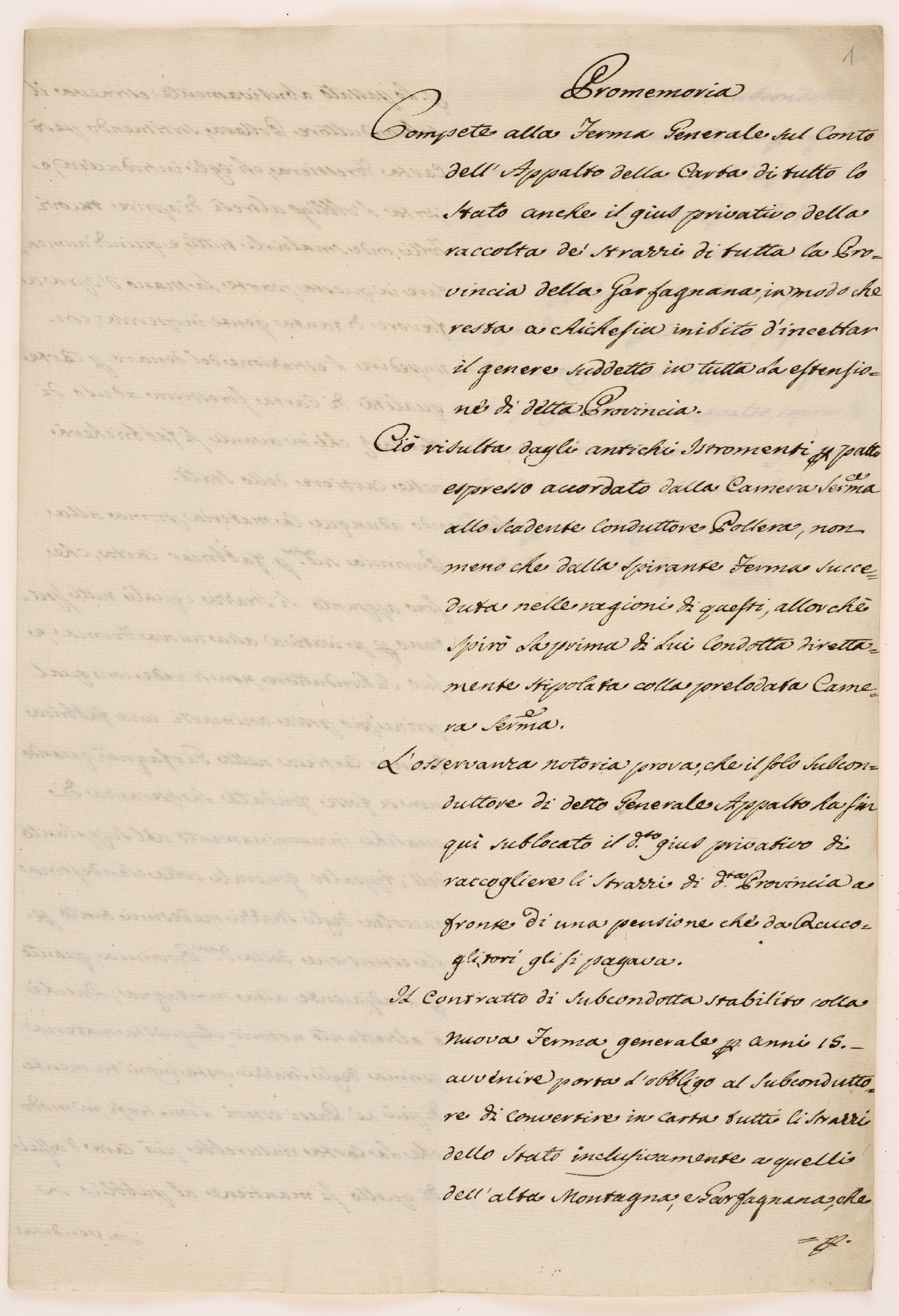 Promemoria. Compete alla Ferma Generale sul Conto dell'Appalto della Carta di tutto Costato [incipit]
