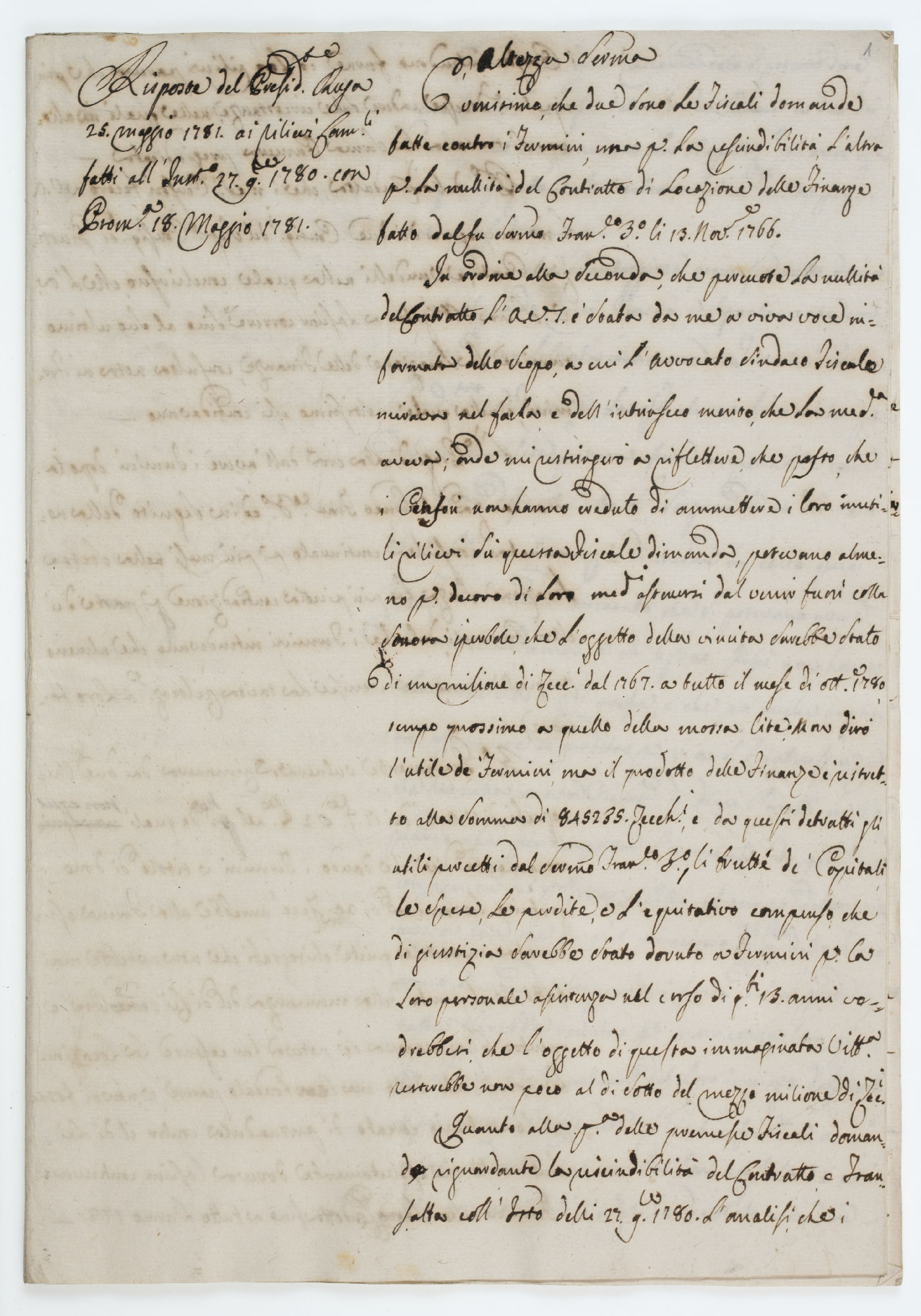 Risposta del Presid.te Ruga 25. Maggio 1781. ai rilievi Cam.li fatti [incipit]