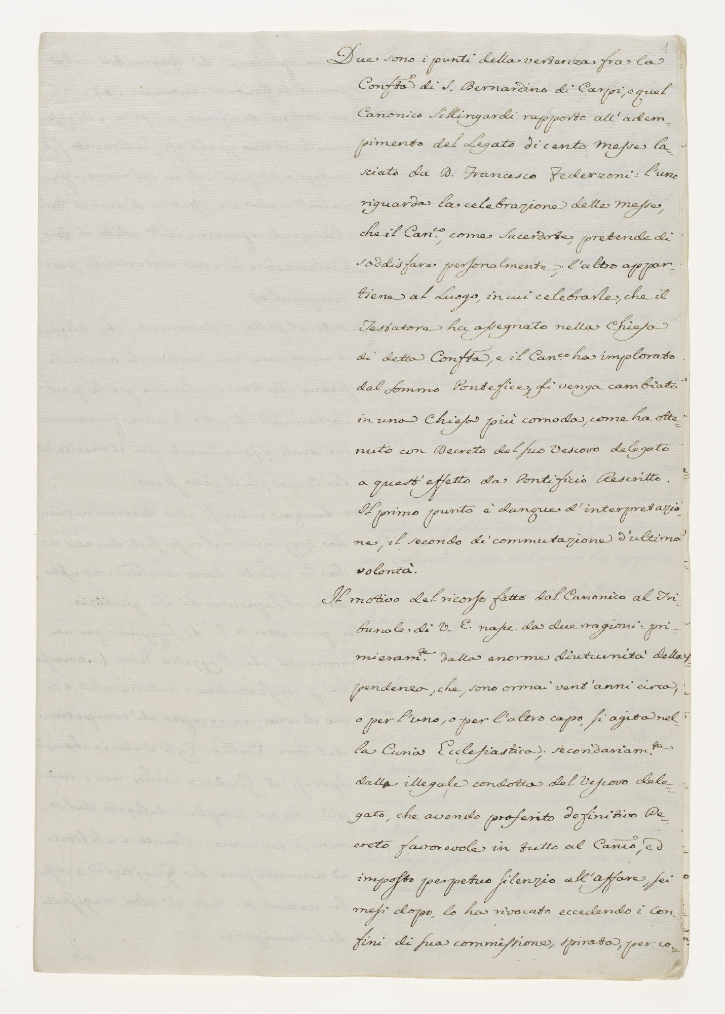 Due sono i punti della vertenza fra la Conf.ta di S. Bernadrino di Carpi, equel Canonico Sillingardi [incipit]