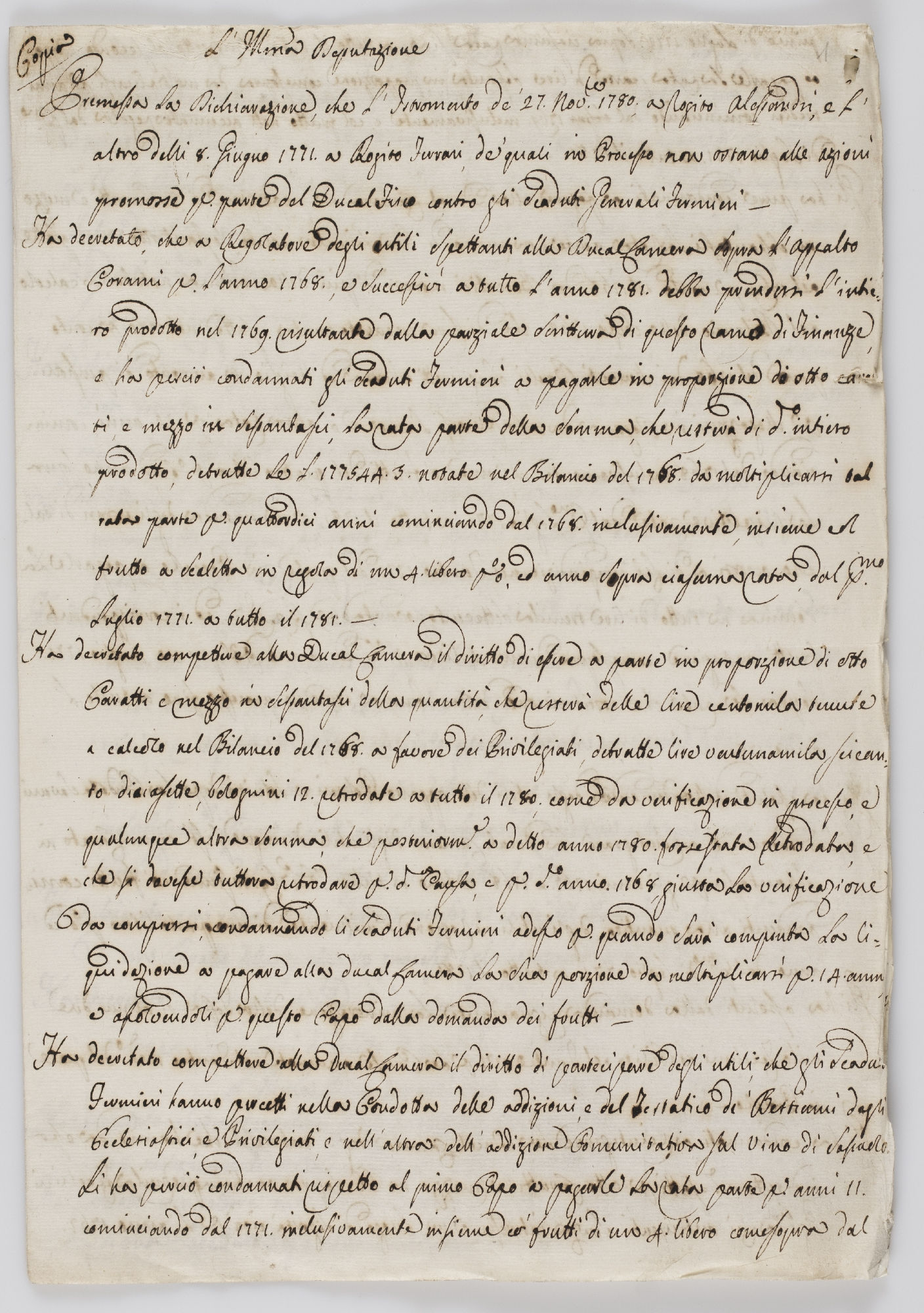 Copia. L'Illma Deputazione. Premessa La Dichiarazione che L'Istromento de' 27. Nov.re 1780 [incipit]