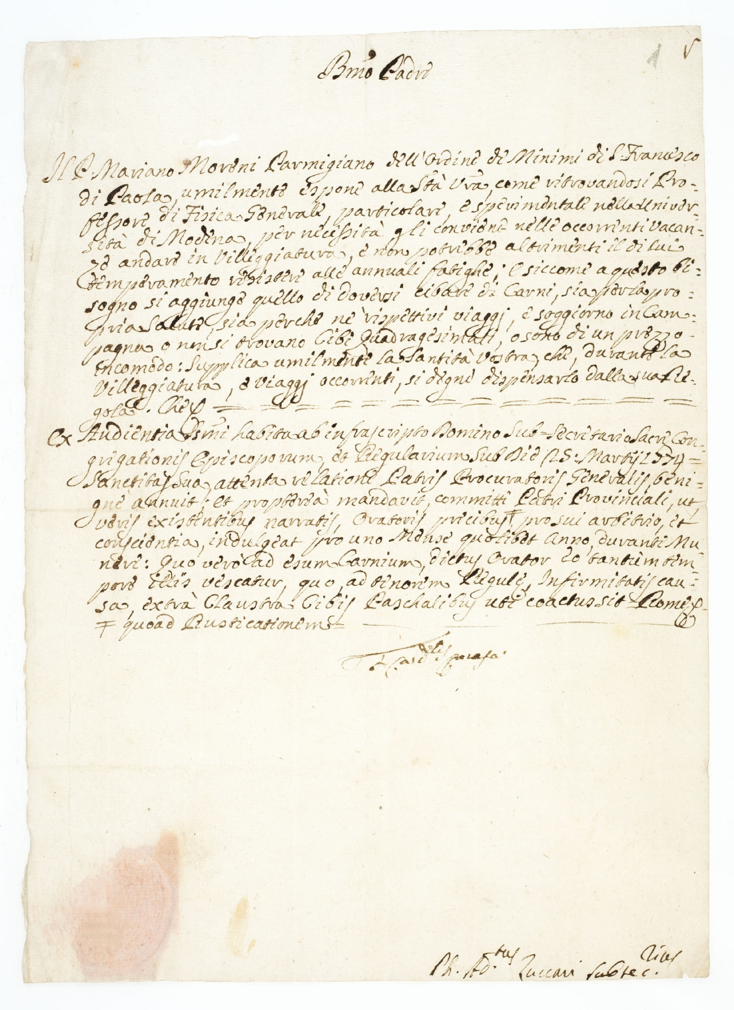 B.mo Padre. Il P. Mariano Moreni [?] Parmigiano dell'Ordine de Minimi di S. Francesco di Paola [incipit]