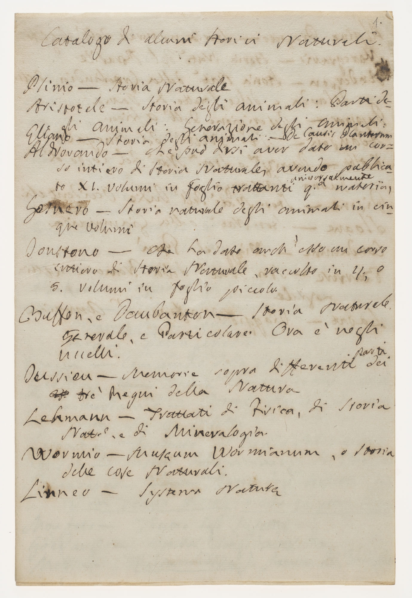 Catalogo di alcuni Storici Naturali [title, p.1]; Opere su gli animali [title, p.3]; Opere su le piante [title, p.6] 