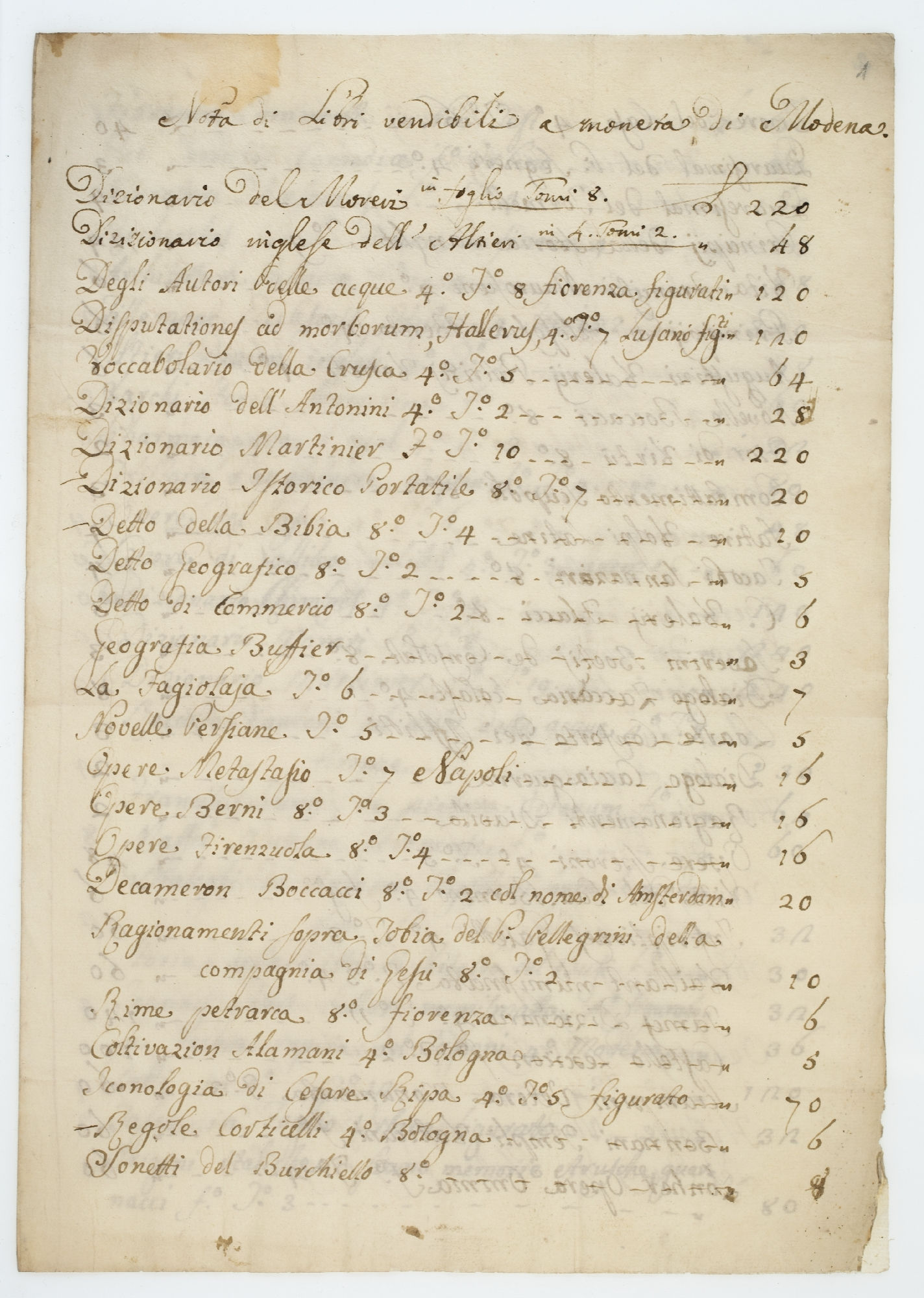 Nota di Libri vendibili a moneta di Modena [title]