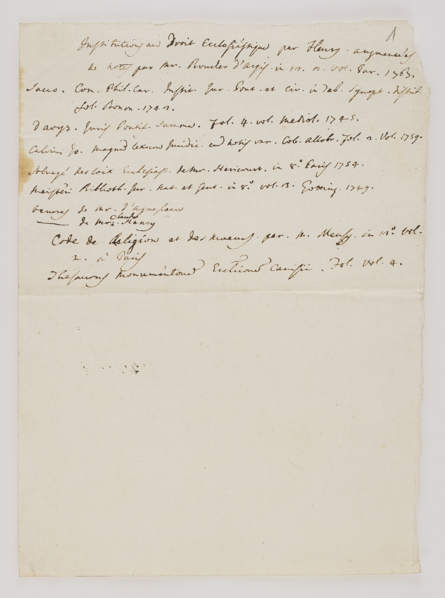 Institutions au droit Ecclesiastique par Henry. augmentees de notes [incipit]