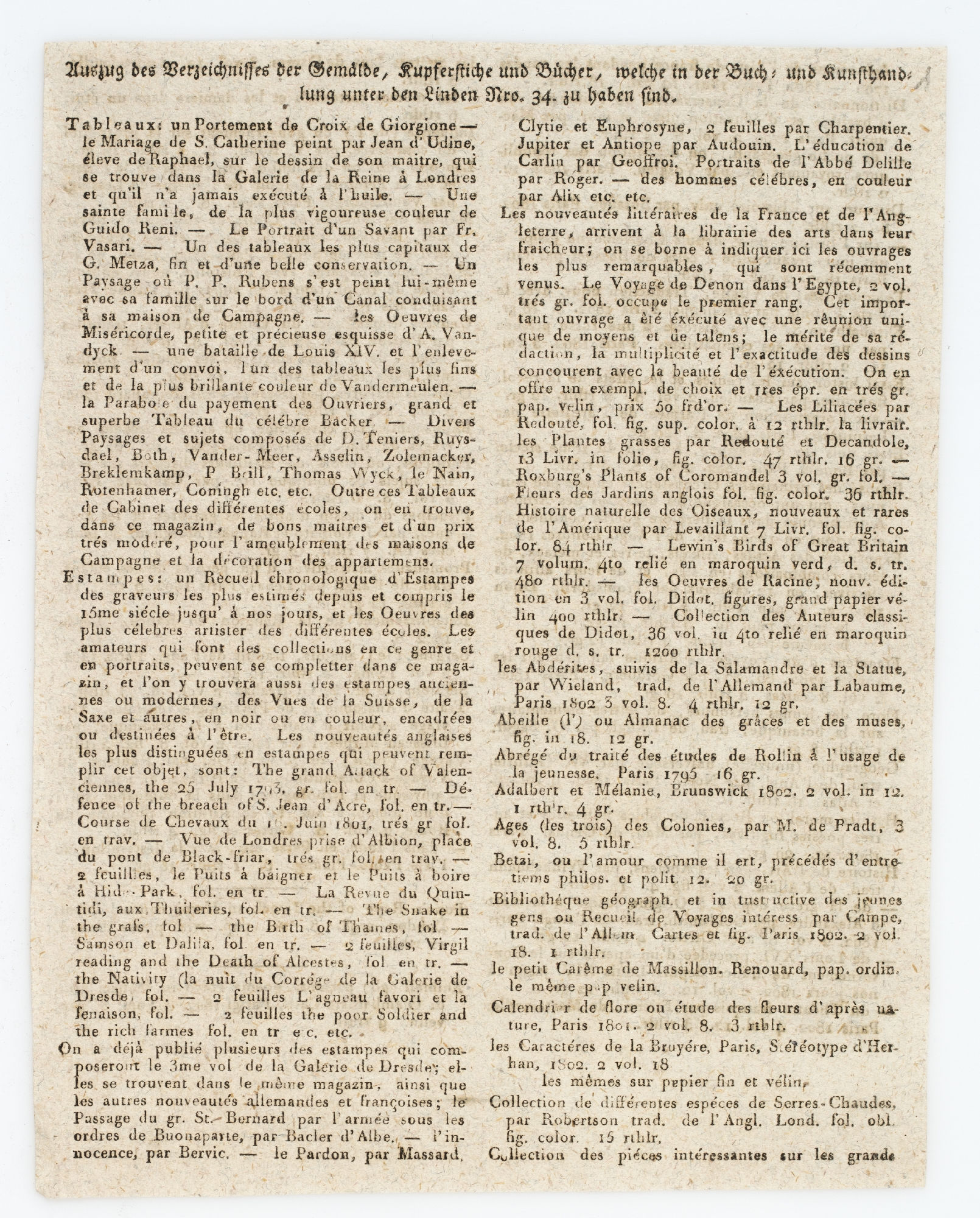 Auszug des Verzeichnisses der Gemalde, Kupferstiche und Bucher, welche in der Buch- und Kunsthandlung unter den Linden Nro 34 zu haben sind [title]