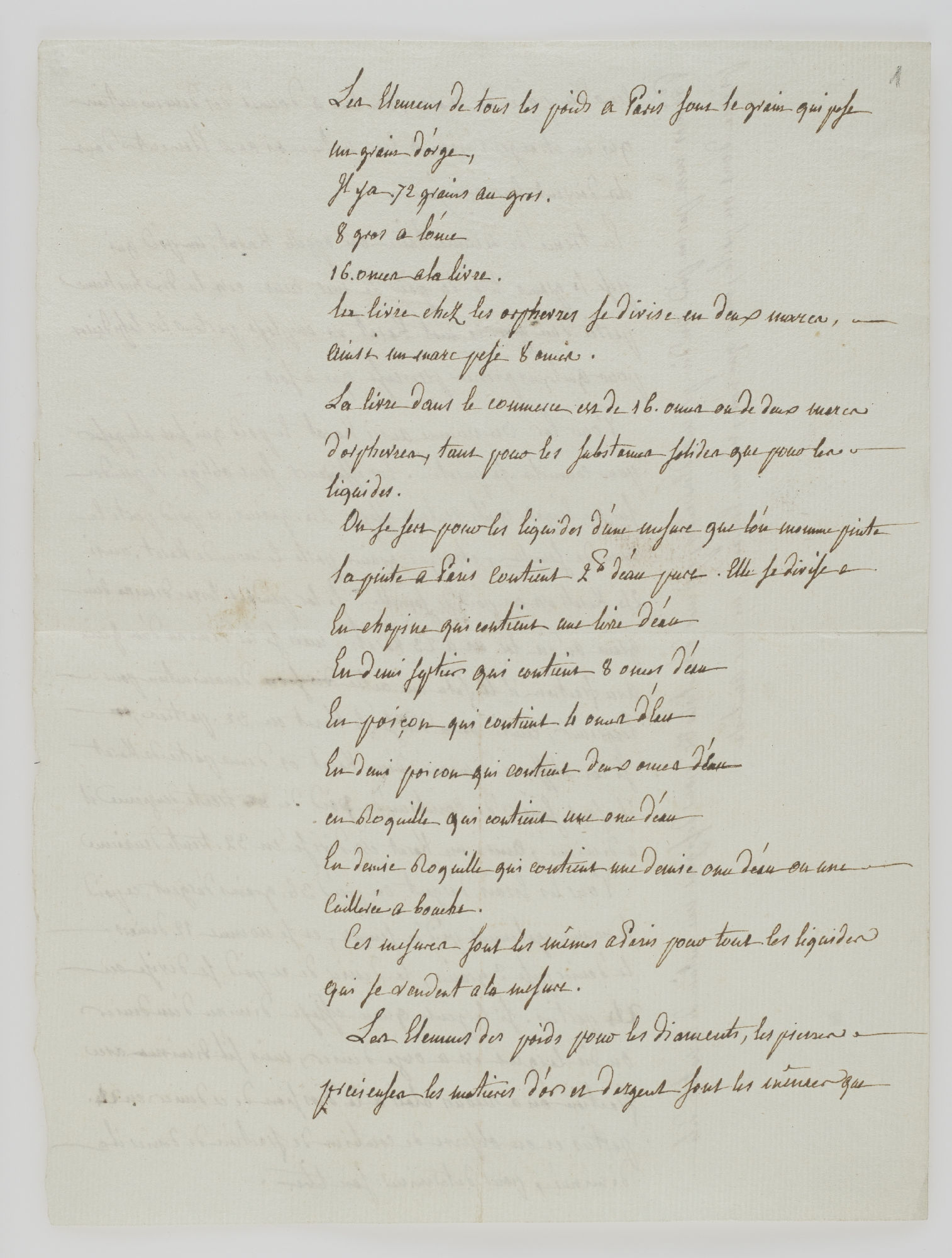 Les elemens [sic!] de tous les poids a Paris sont le grain qui pose un grain d'orge [incipit]