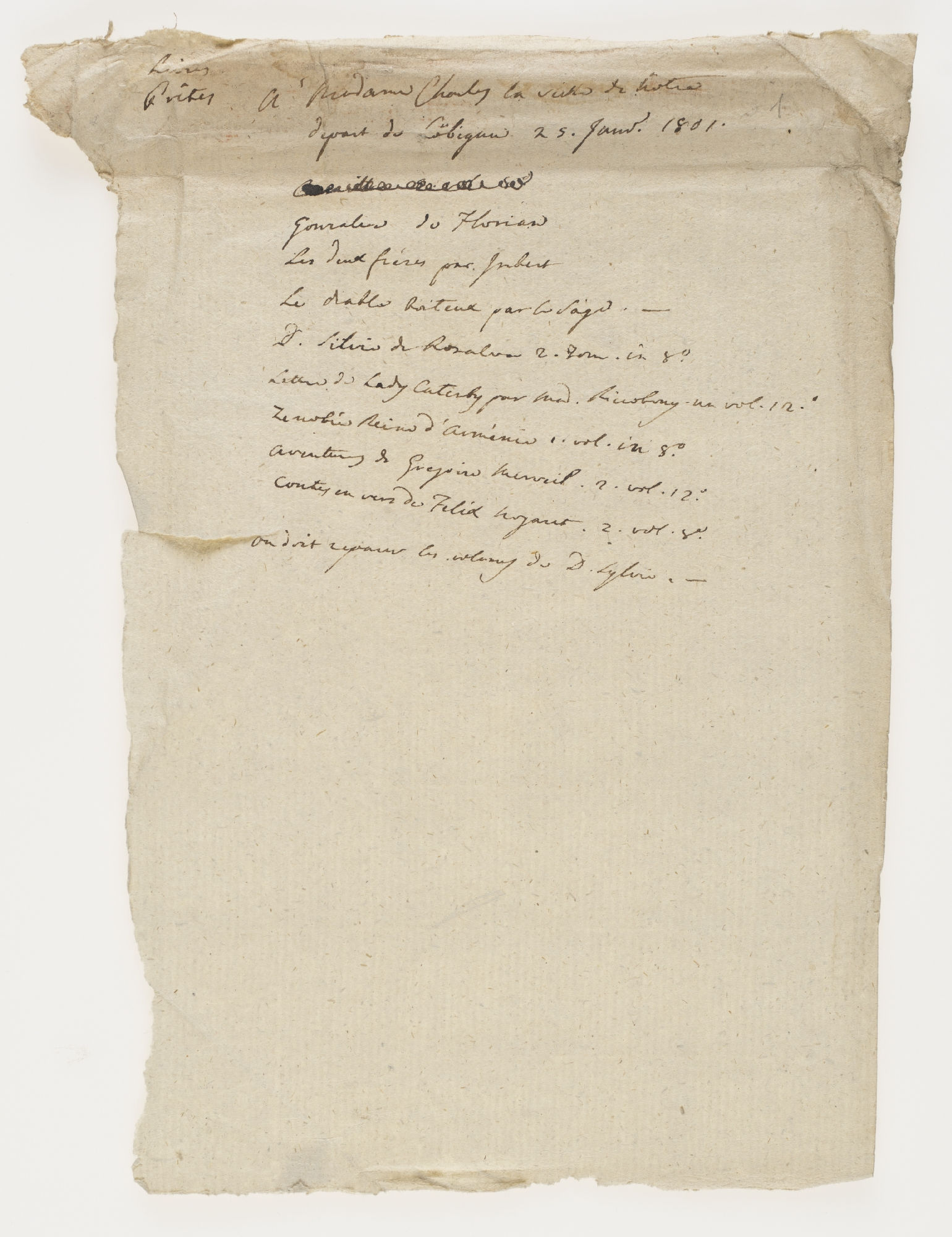 Livres prêtés À Madame Charles la veille de notre départ de Löbigau 25. Janv. 1801 [title]
