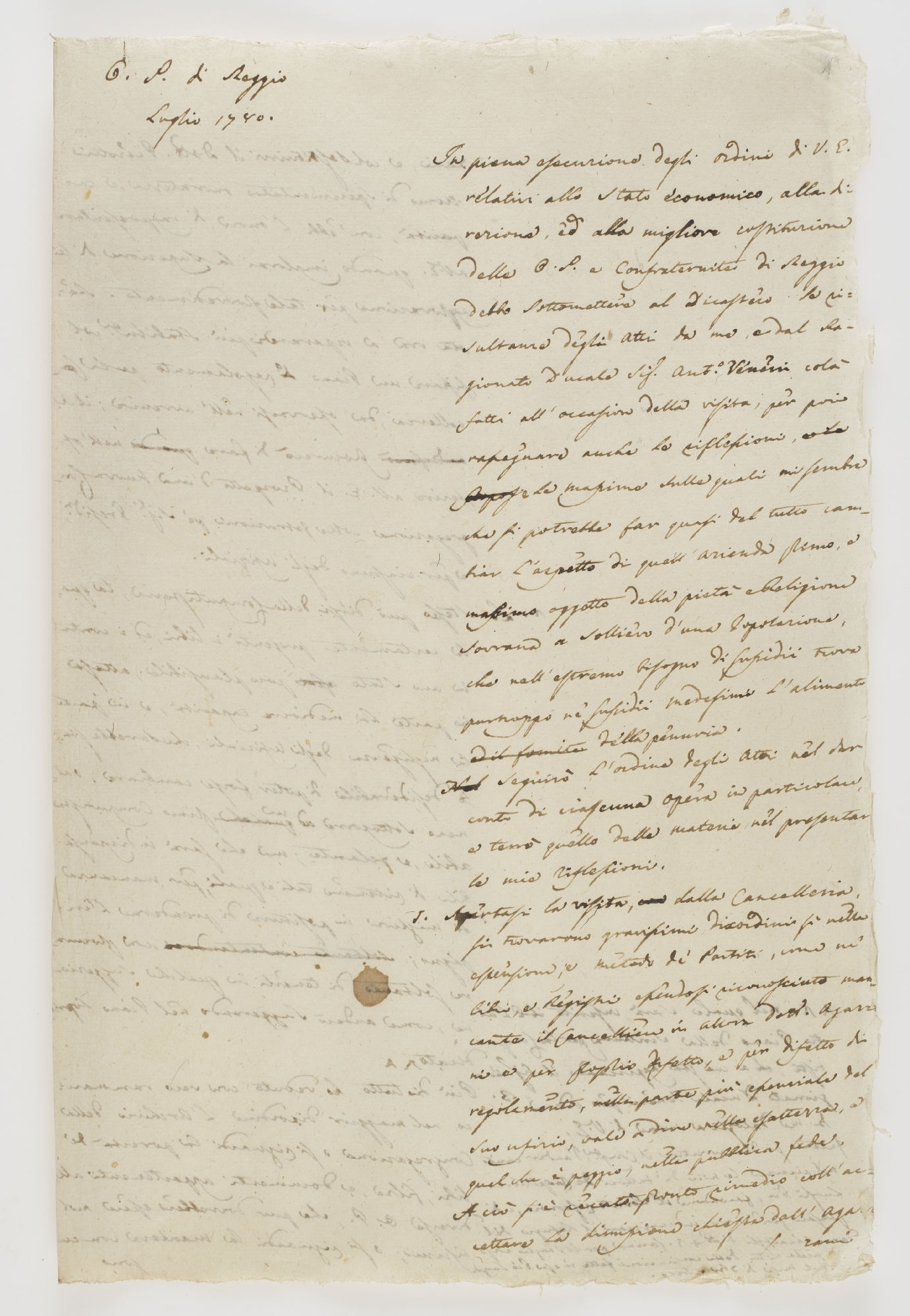 O[pere] P[ie] di Reggio. Luglio 1780. [incipit]