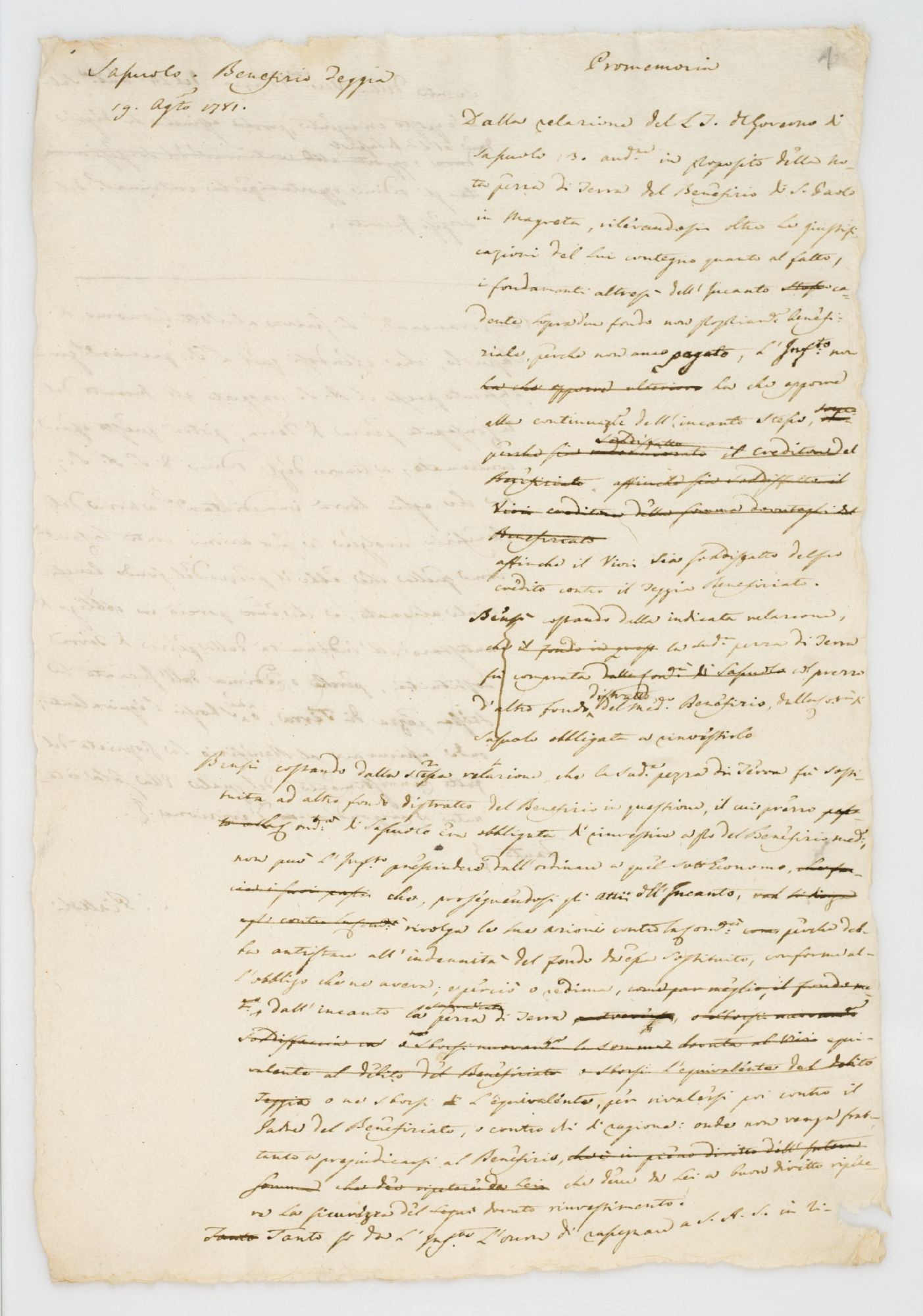 Sassuolo Benefizio Reggio. 19 agosto 1781. Promemoria. Dalla relazione [incipit]