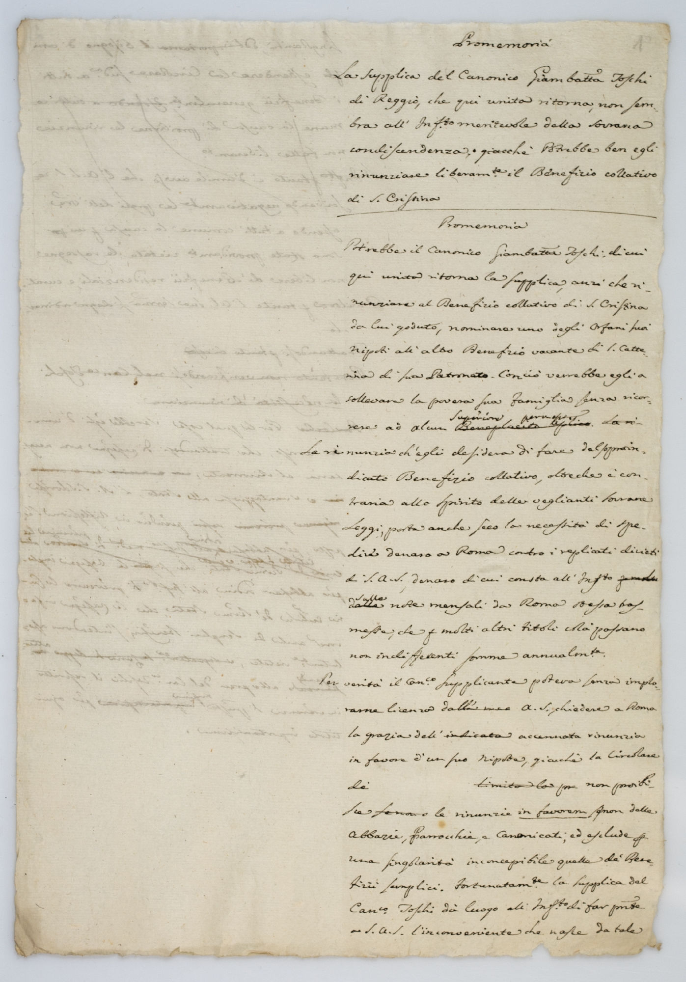 Promemoria. La supplica del Canonico Giambattista Toschi di Reggio [incipit]
