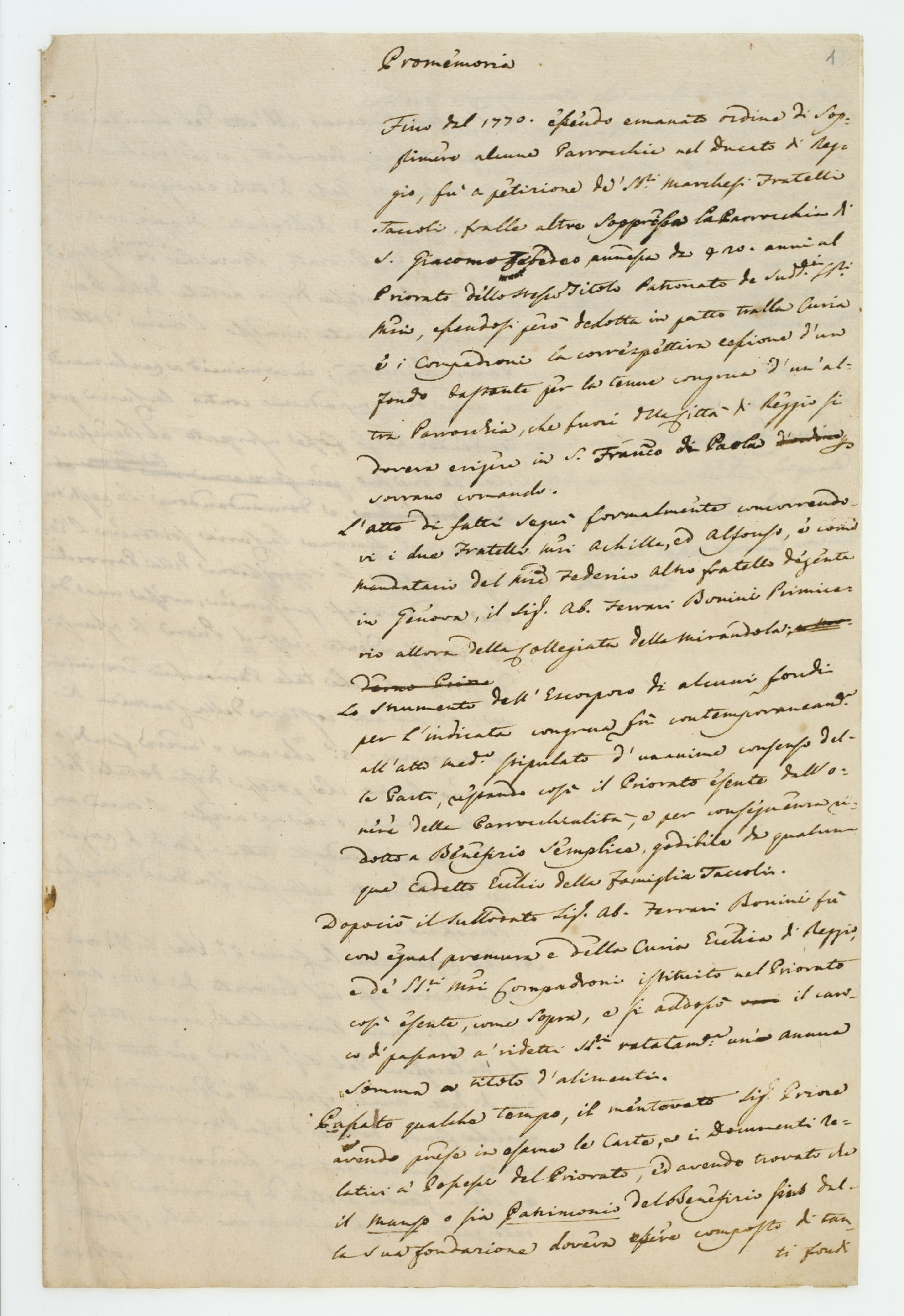 Promemoria. Fino dal 1770 essendo emanato ordine [incipit]