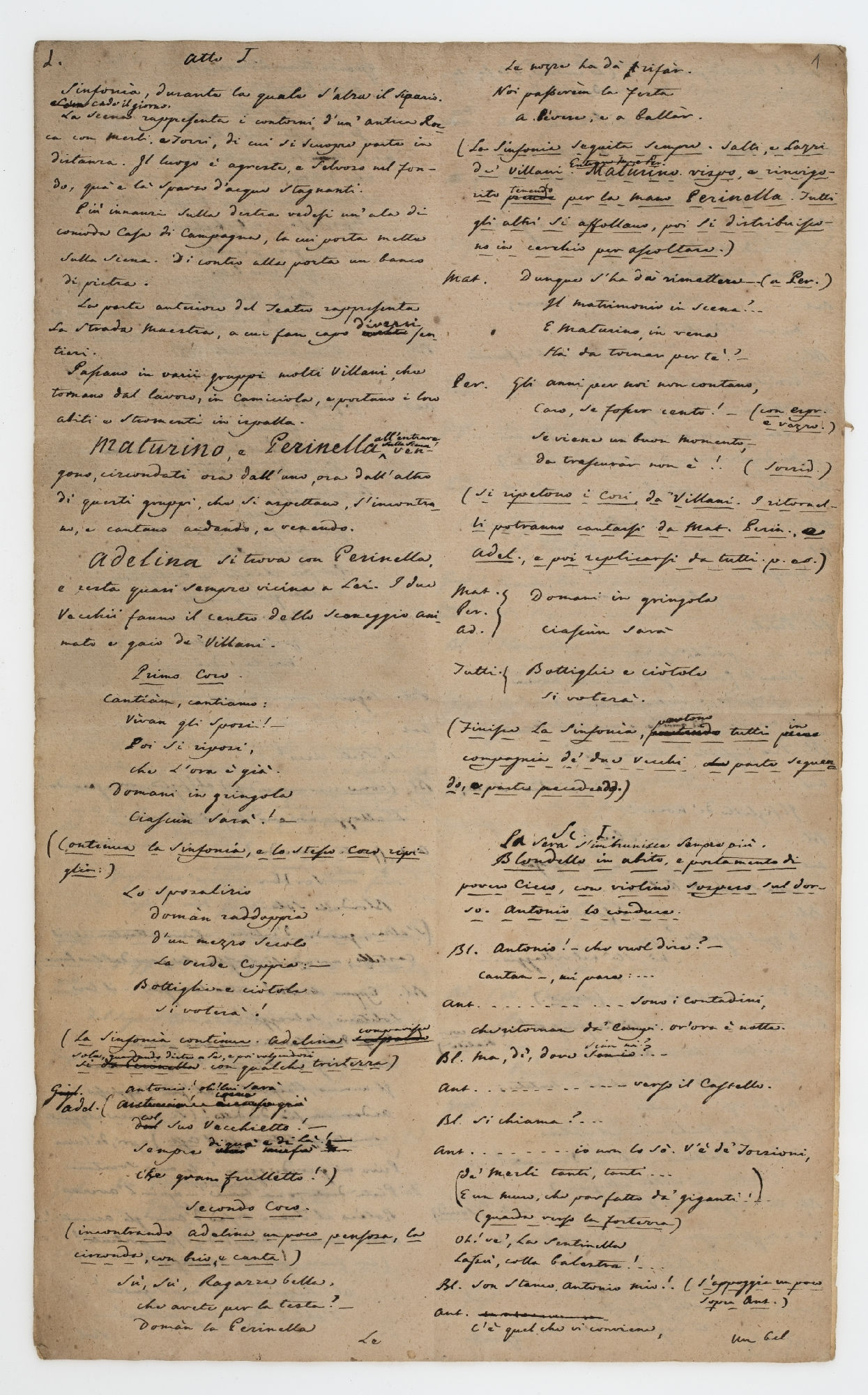 Atto I. Sinfonia, durante la quale s'alza il Sipario. Cado il giorno. La scena rappresenta i contorni d'un' antica Rocca [incipit]